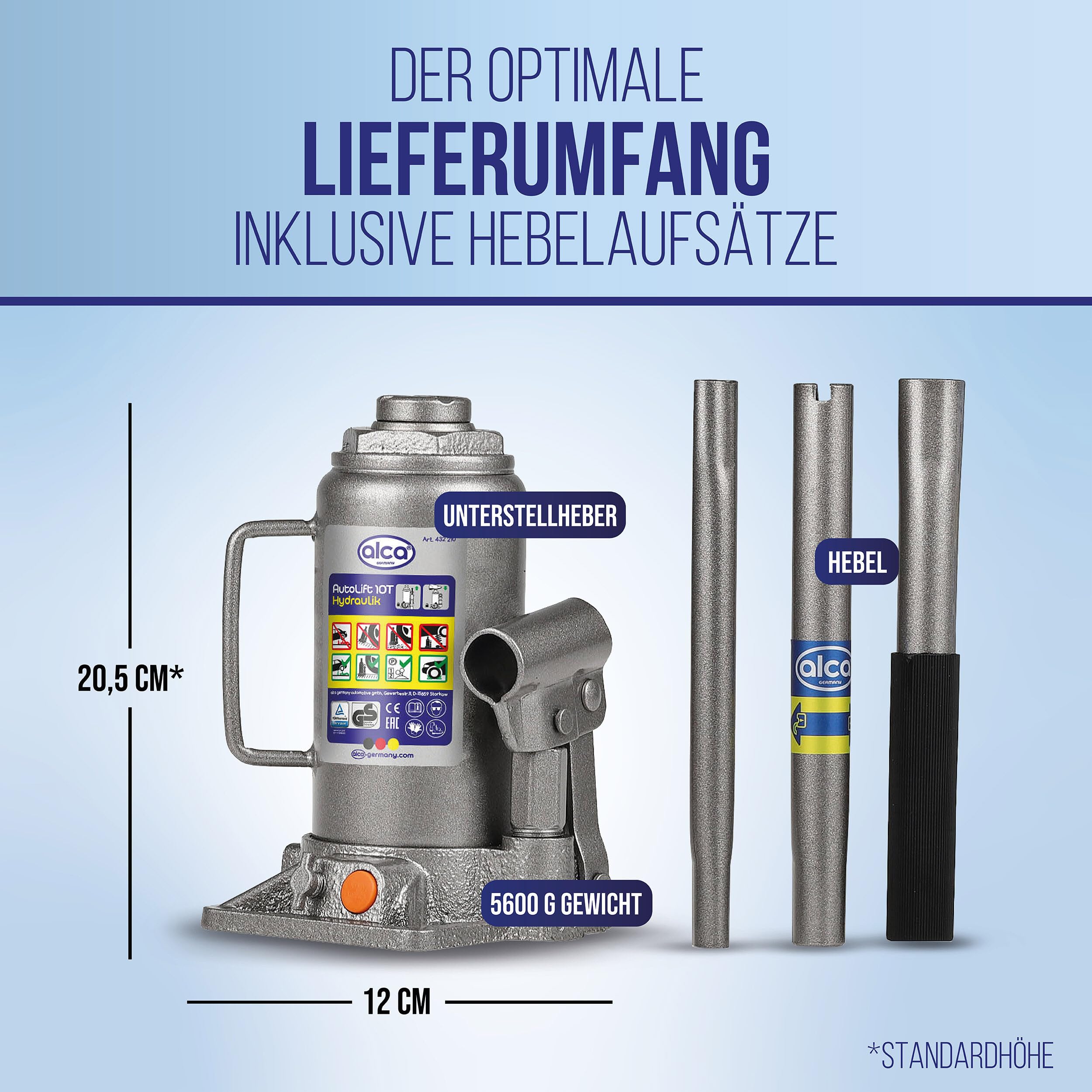 Cric hydraulique alca® t I Double Piston, certifié GS & TÜV, Hauteur de Levage 205-390 mm, Huile Rechargeable, cric - idéal pour SUV, camionnettes & Camping-Cars