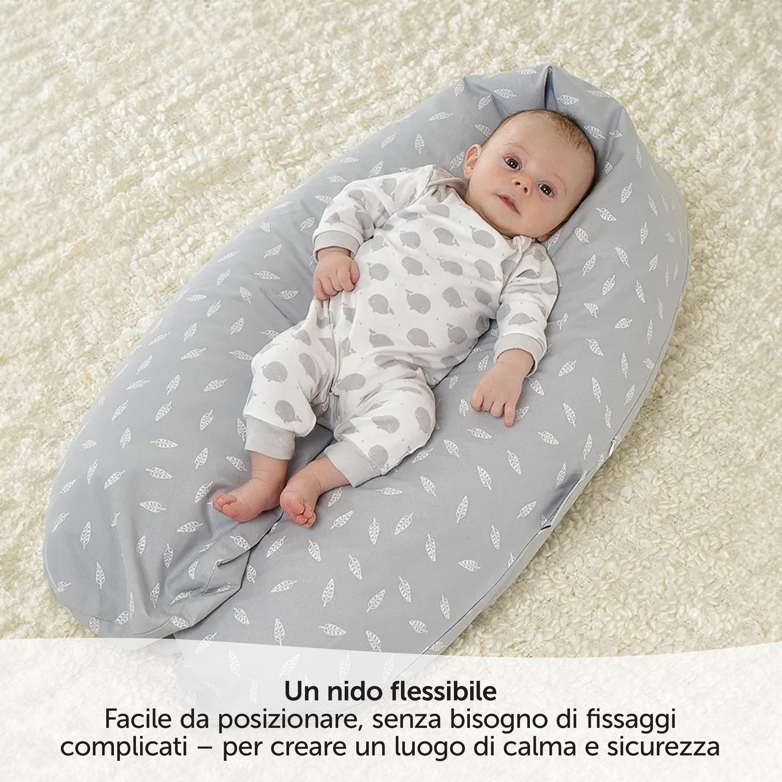 Theraline Cuscino Allattamento e Gravidanza 190 cm - Imbottitura Microperle EPS, Federa Cotone 100% | Lavabile, senza Sostanze Nocive - Bianco Grigio