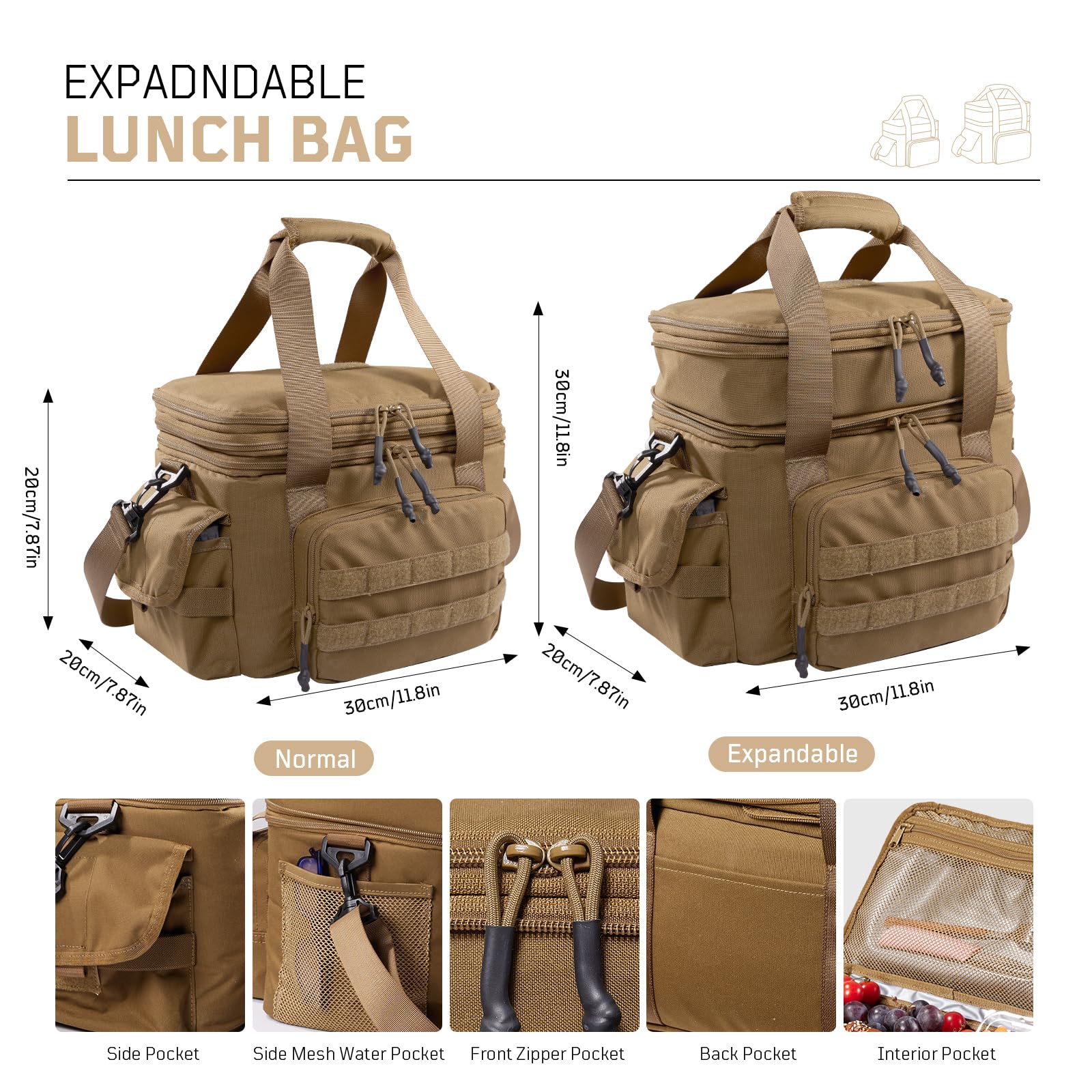 1TG Tactical Isolierte Lunch-Tasche, 18L-26L erweiterbare Lunchbox, auslaufsichere große Kühltasche mit Schultergurt, Wiederverwendbare Lunch-Tasche für Arbeit, Reisen, Camping, Picknick, Strand