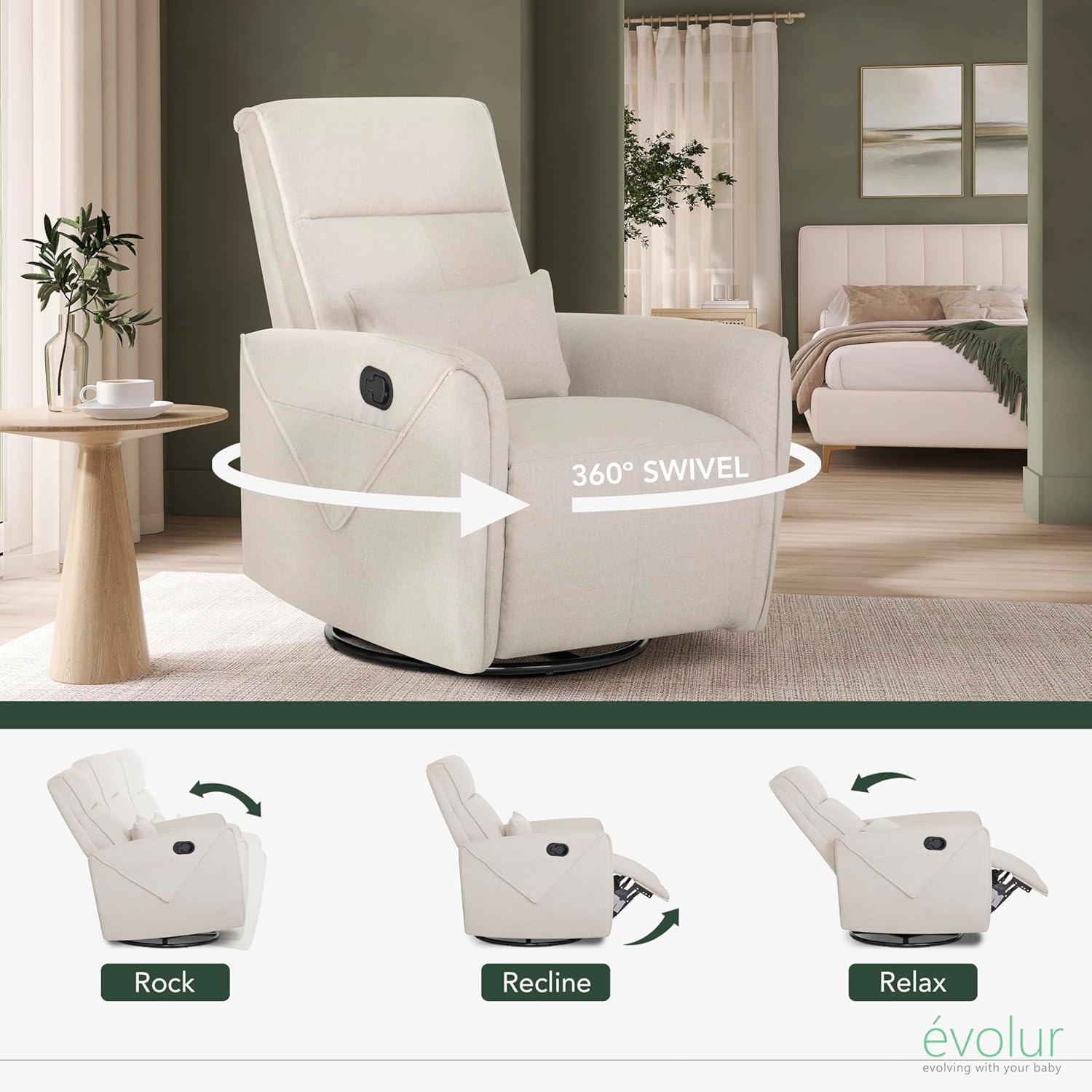 Evolur Sylas Nursery Glider Chair in Light Sand - Manual Recliner with 360° Swivel, Lumbar Support, Tufted Back & Side Pockets - Modern Rocking Chair for Baby Room, Nursery & Living Room