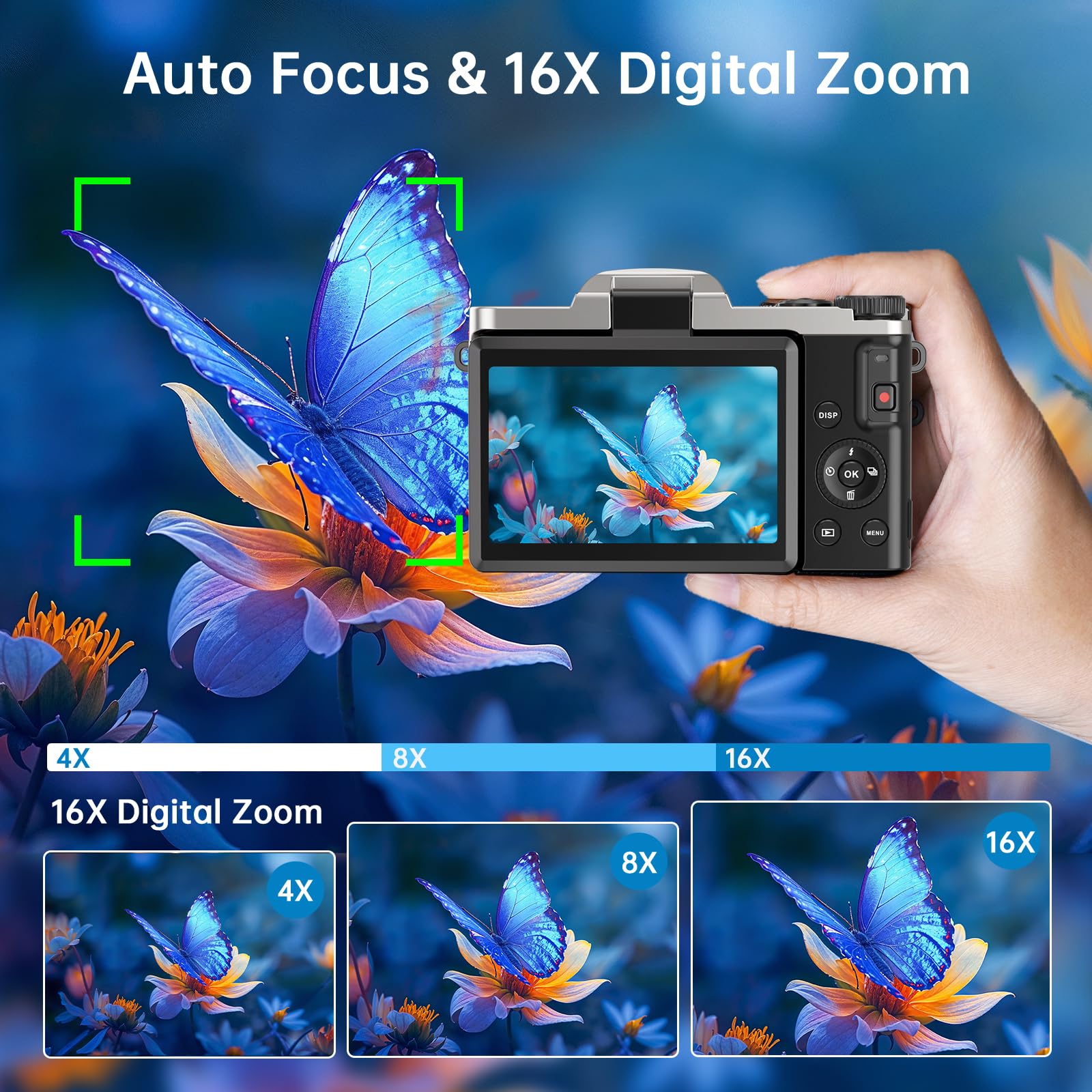 Fotocamera Digitale 4K WiFi, 64 MP Autofocus, Zoom 16X | Schermo ribaltabile da 3 pollici a 180°, scheda 32GB, base di ricarica e 2 batterie per vlog e viaggi