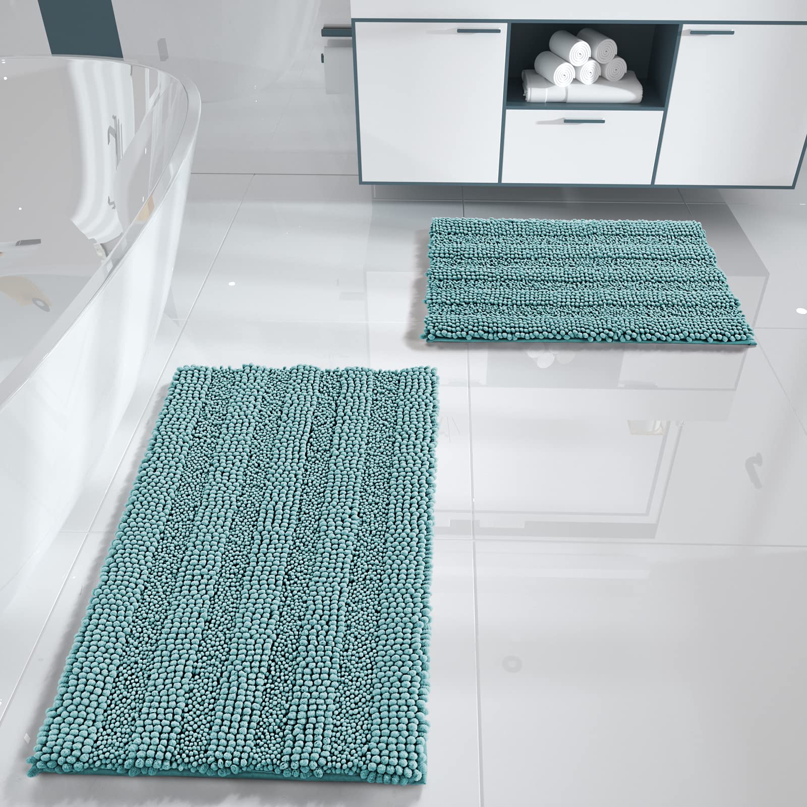 YimobraÂ LuxuryÂ ChenilleÂ ShaggyÂ BathroomÂ RugÂ Set,Â 2Â PackÂ SoftÂ FluffyÂ PlushÂ BathÂ Mat,Â ExtraÂ Thick,Â Non-Slip,Â WaterÂ Absorbent,Â MachineÂ Washable,Â BathÂ MatsÂ forÂ BathroomÂ (Green Blue,Â 20"Â xÂ 32"+17"Â xÂ 24")