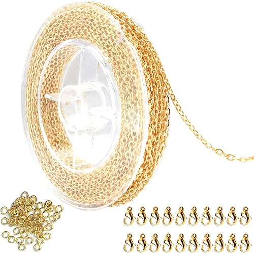 AKHAT - Gold Chain Set with 30 Feet 18K Gold Plated Necklace Chains Material Solid Stainless Steel 50 Jump Rings and 20 Lobster Clasps for Making Lariat Necklaces, anklets, Bracelets(10 Yards,1.5mm)