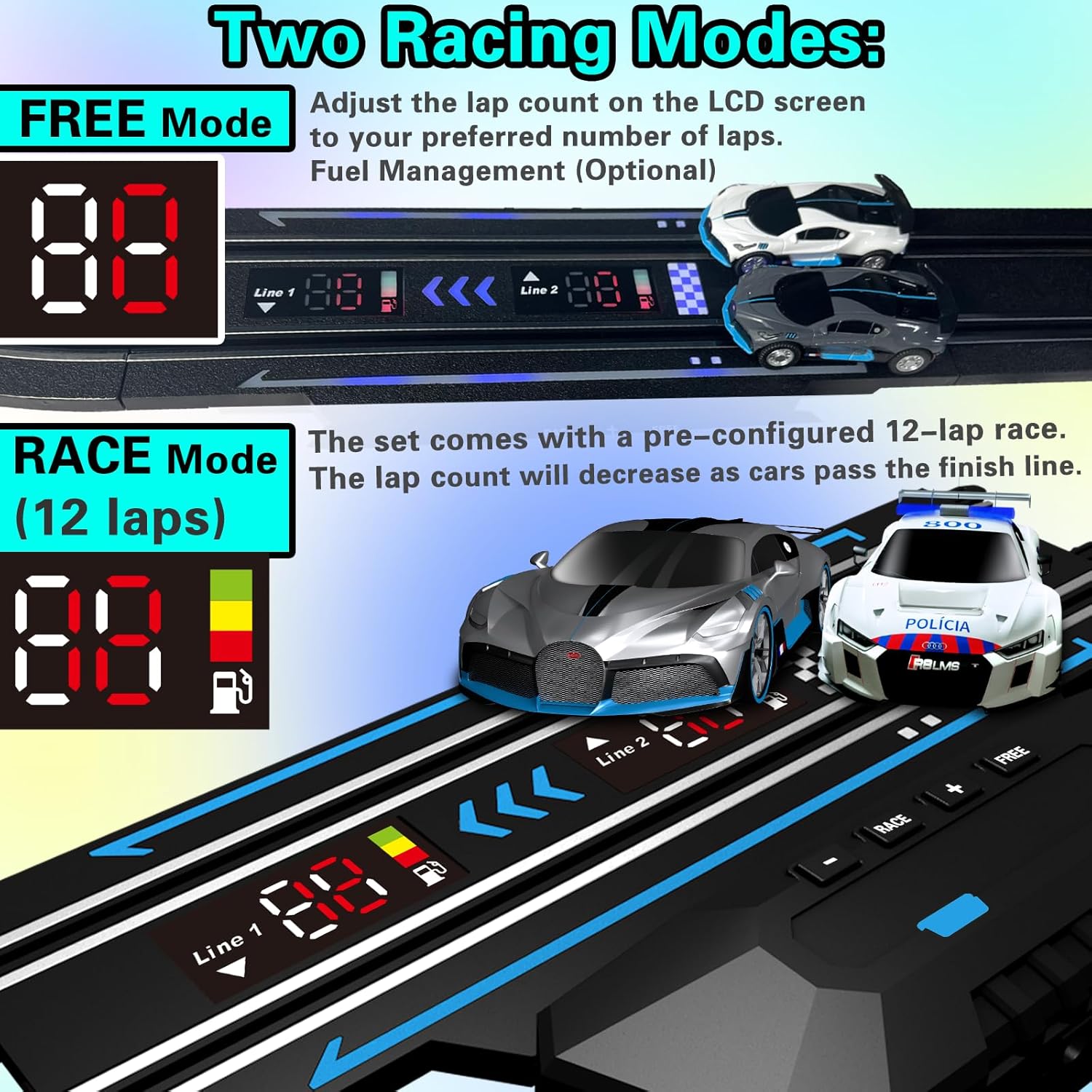 AGM MASETCH Slot Car Racing Set with LED Lap Counter, High Speed, Fuel Pit Stop, Voice Feedback, 4 Licensed Cars, 13.5m (44ft) Track, Electric or Battery Powered for Kids & Adults