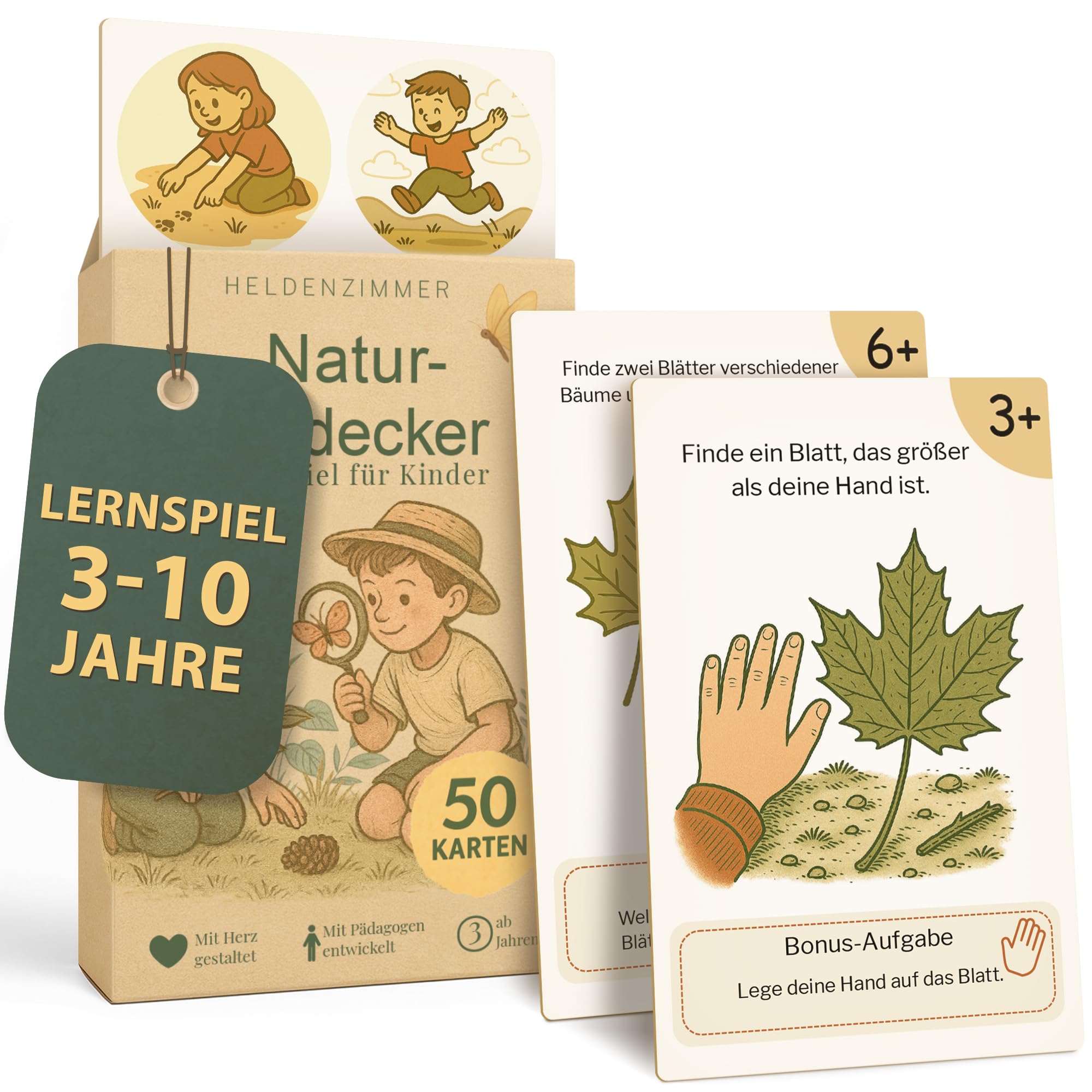 Heldenzimmer Entdeckerkarten Kinder – Suchspiel mit 100 Aufgaben | 50 Doppelseitige Karten, 2 Altersstufen, 16 Abzeichen | Indoor, Outdoor & Stadt