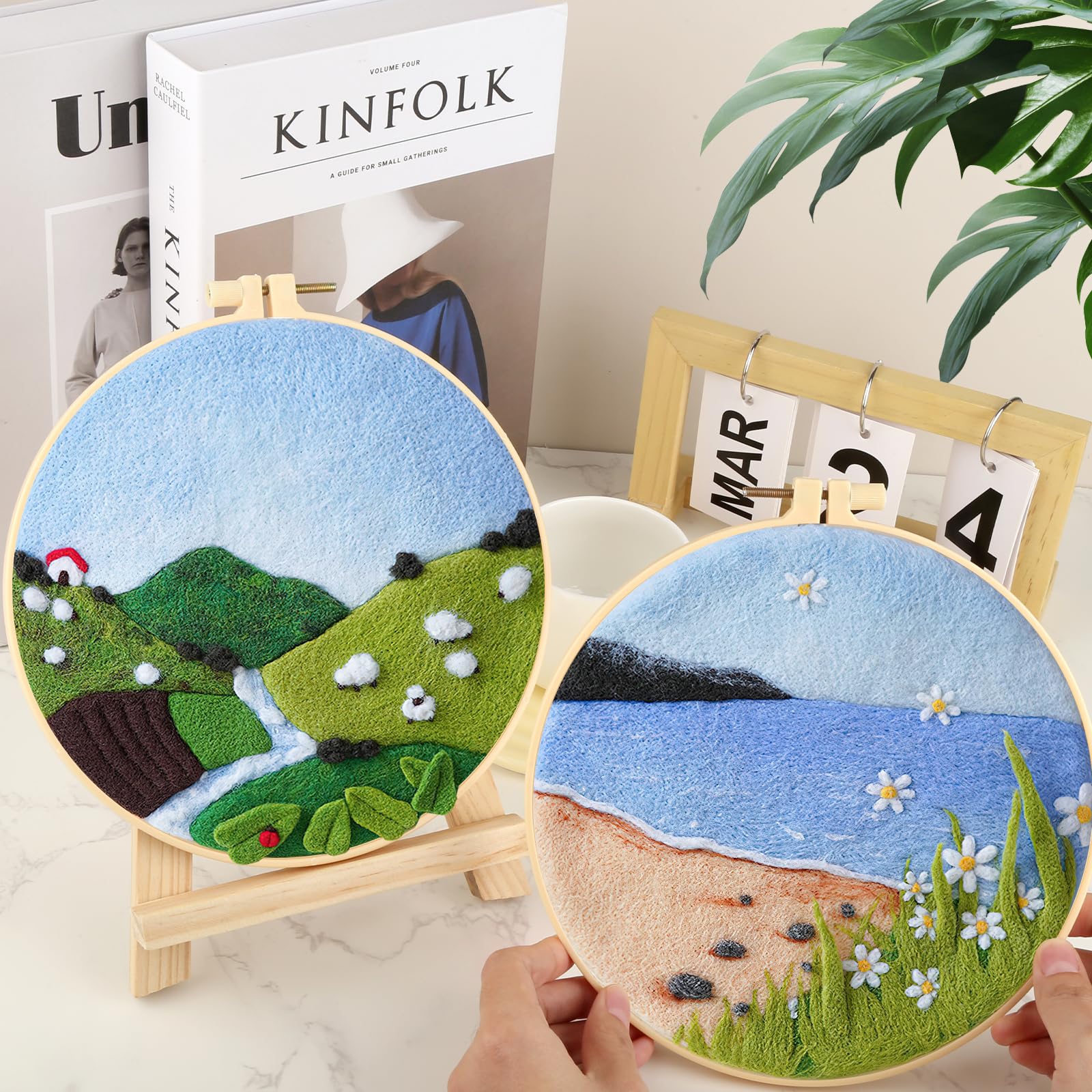 2 juegos de kit de fieltro de aguja, kits de fieltro para principiantes adultos, kit de inicio de fieltro de aguja, incluye tela afieltrada, lana, marco de cuadro, aguja, almohadilla de espuma e