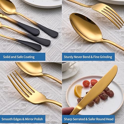 Miniatura 6 de Juego de 20 cubiertos de acero inoxidable negro y dorado, juego de cubiertos con mango colorido de 180, para 4 personas, juego moderno de cubiertos