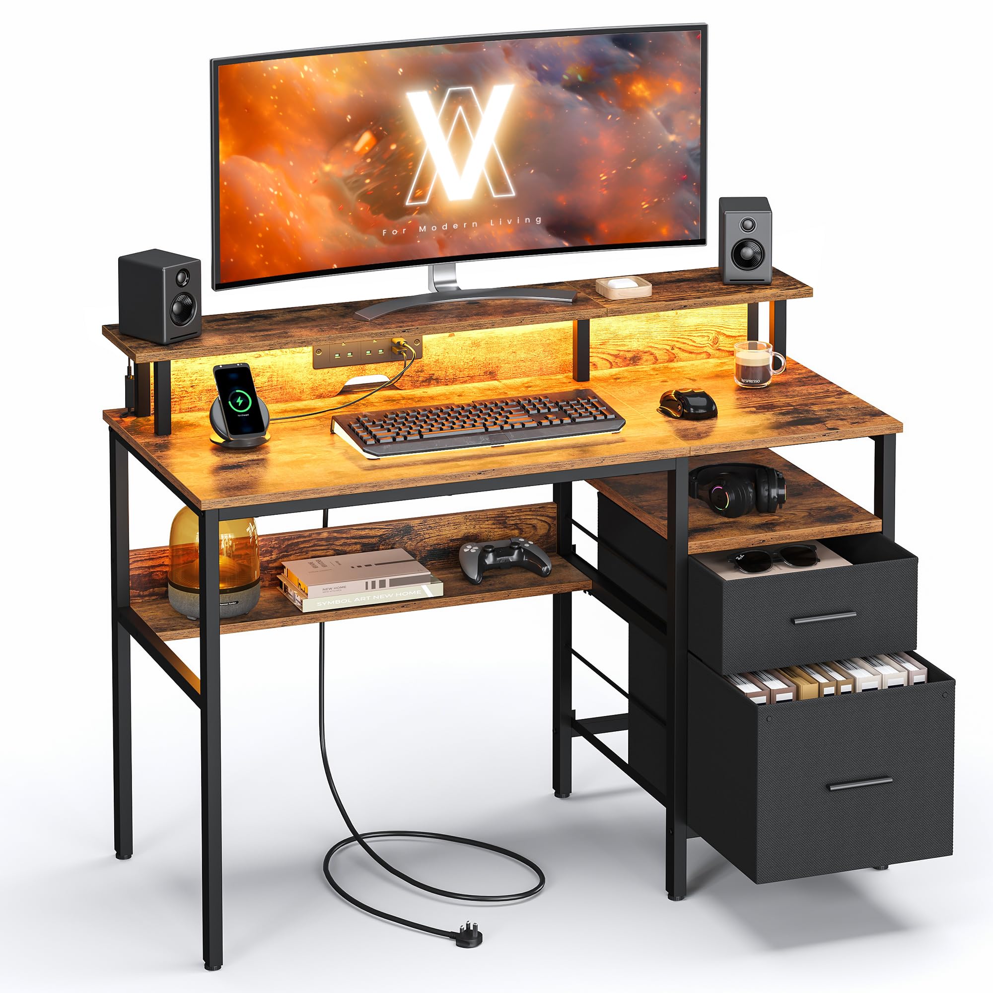Bureau Gamer VASAGLE Avec LED RGB, Multiprise Et Rehausseur écran – 120x60 Cm, Noir Carbone