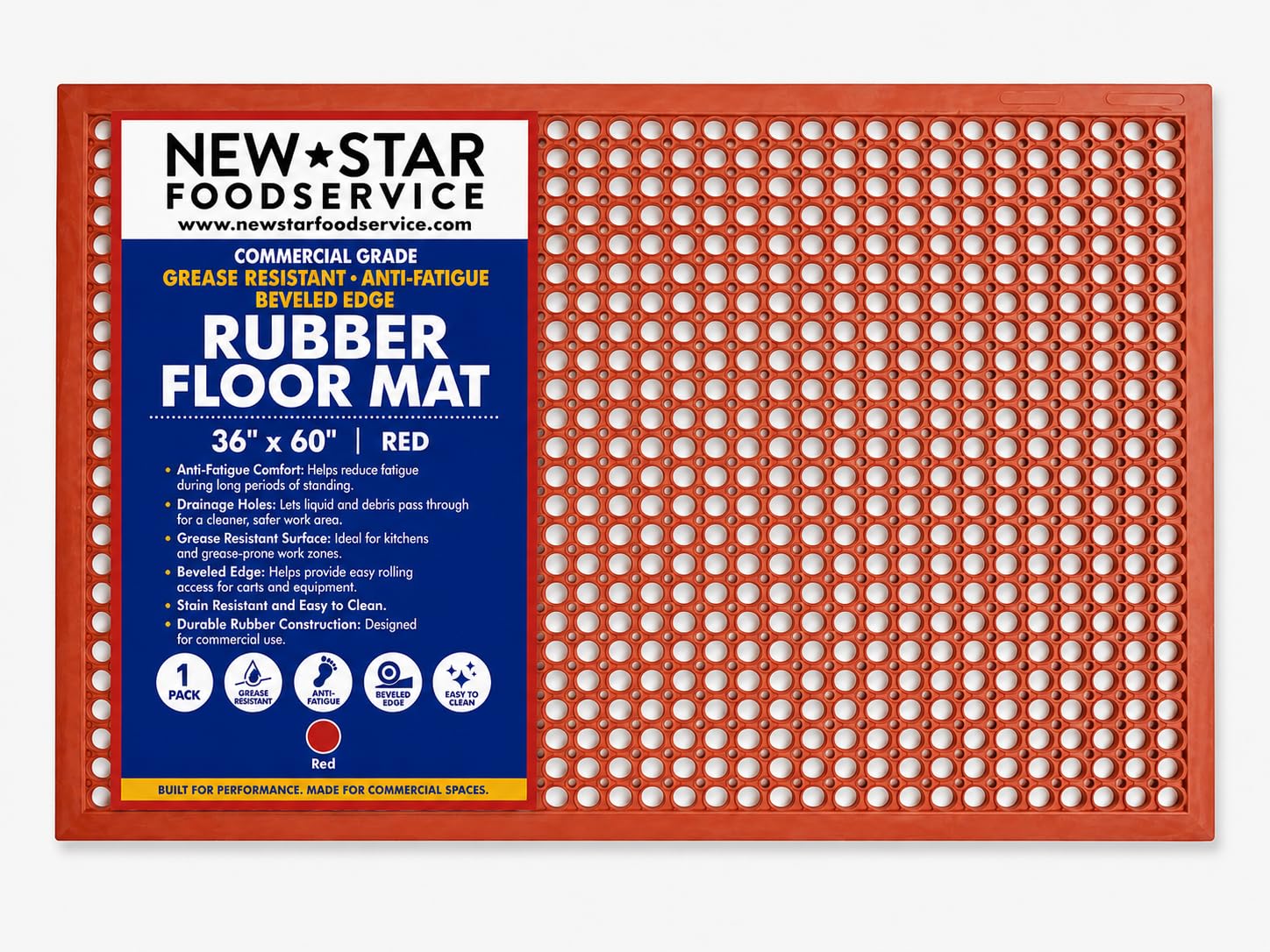 New Star Foodservice 54521 Rubber Floor Mat, 36" x 60", Red