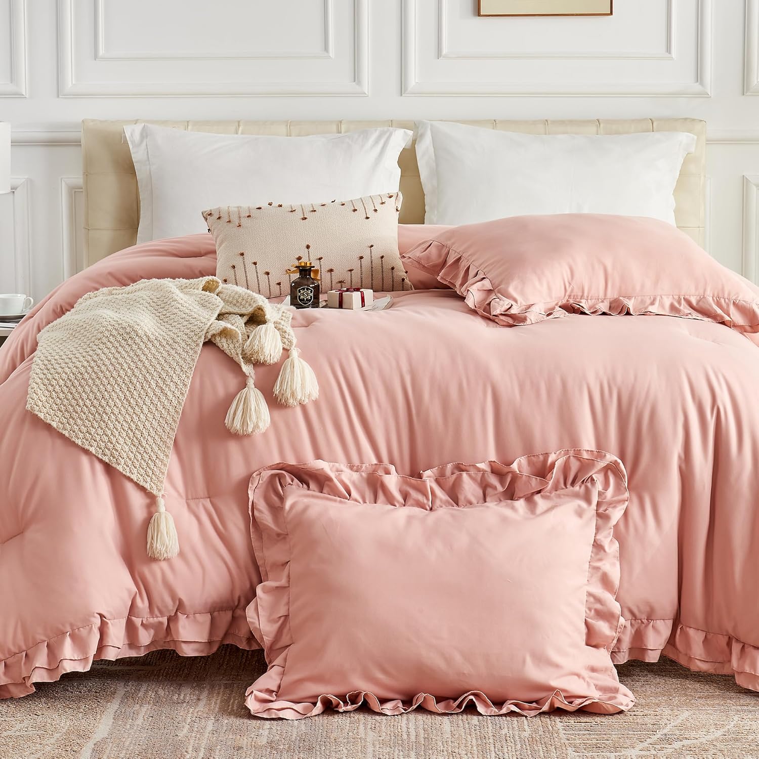 Blush Pink Double Ruffle Comforter Set Twin Size, 2 Pieces Rustic Vintage Farmhouse Shabby Chic Bedding Sets, All Season Soft Fluffy Lightweight Comforter Sets for Twin Bed - Image 3