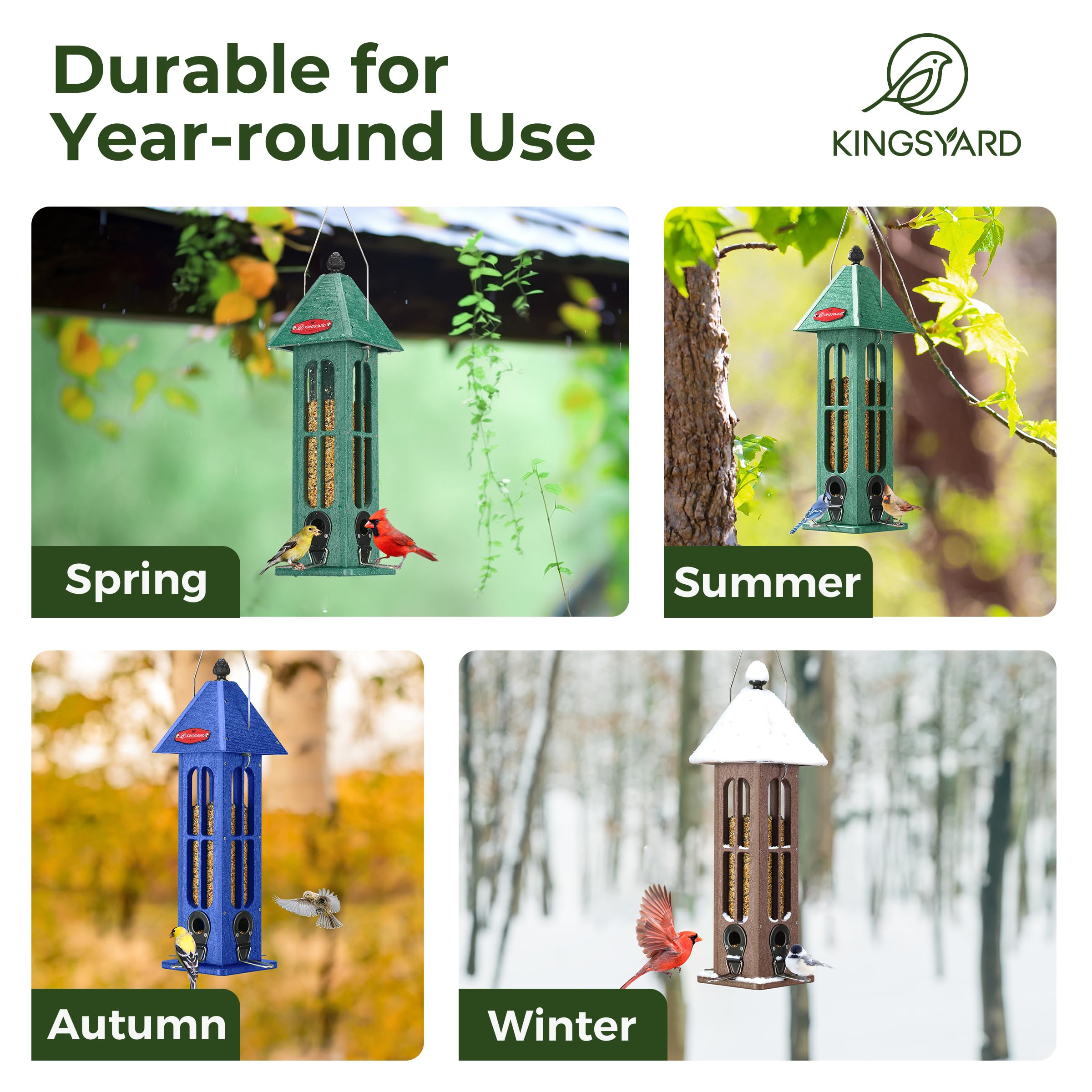 Kingsyard Comedero impermeable para pájaros para colgar al aire libre, comedero de plástico reciclado para pájaros silvestres con 4 puertos de metal, decoración de jardín para pinzones cardenales,