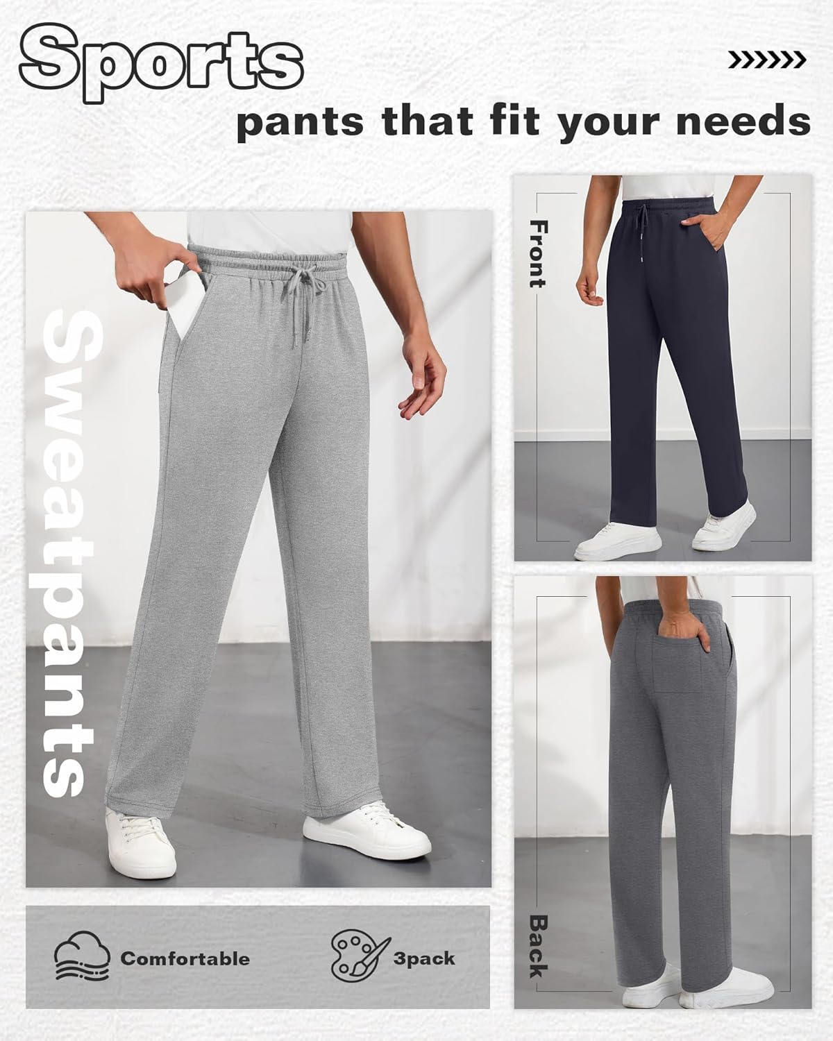 Neer 3 Pack Men's Lounge Pants Lightweight Open Bottom Baggy Sweatpants Casual Drawstring Joggers with 3 Pockets for Leisure