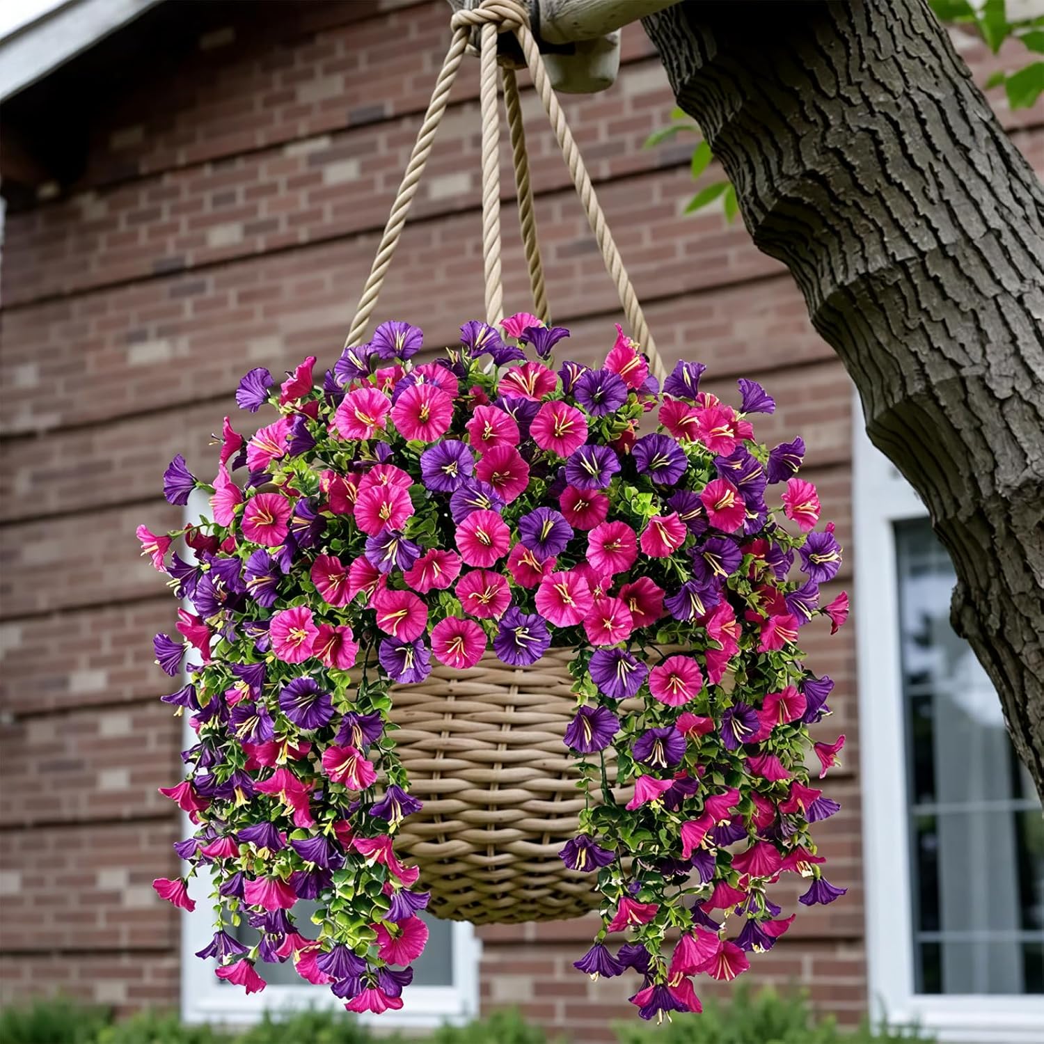 Hanging Artificial Flowers for Outdoors UV and Fade Resistant Morning Glory 2Pcs Deep Purple and Rose Fake Hanging Flowers Porch Balcony Planter Home Decor