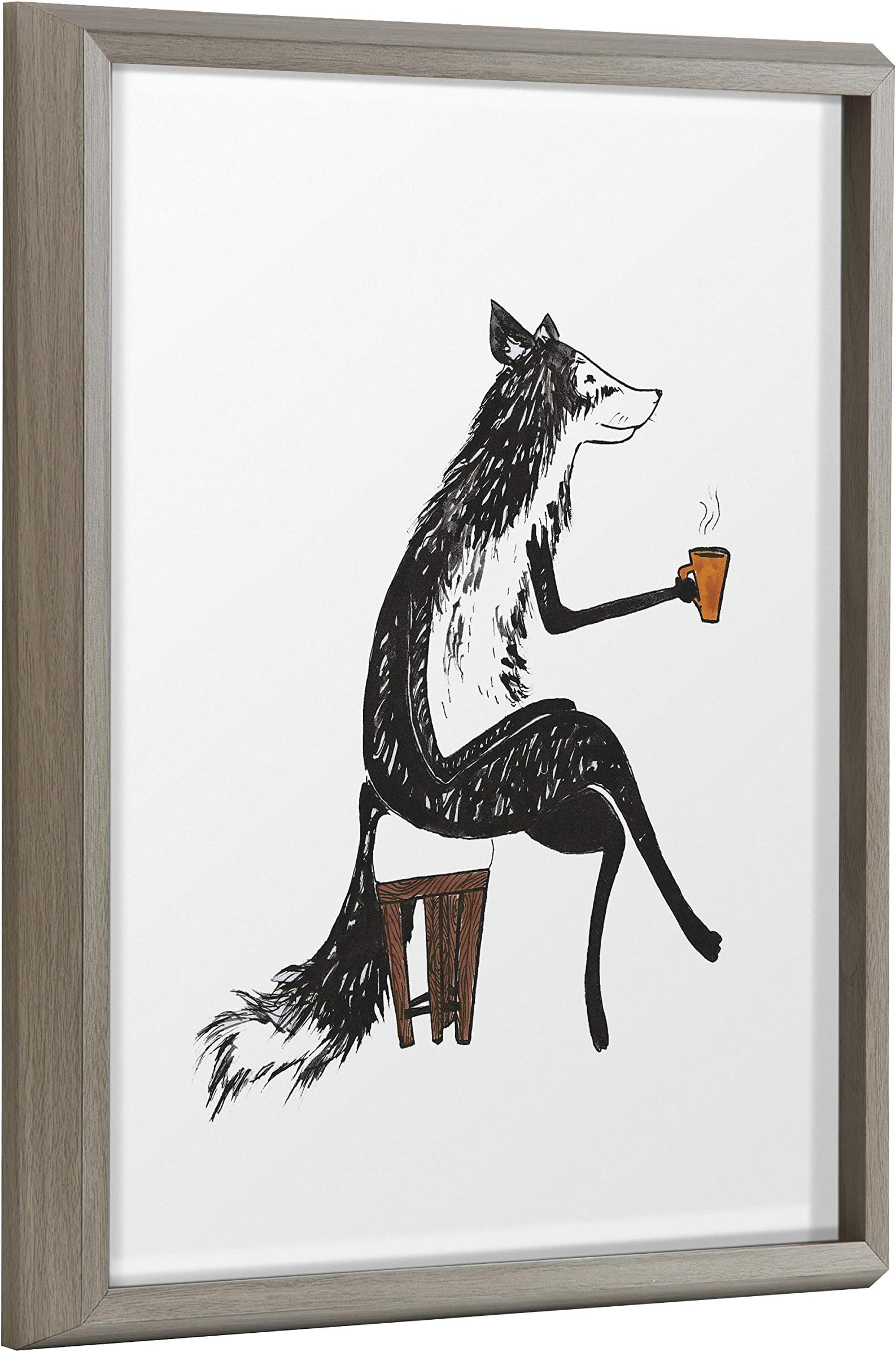 Kate and Laurel Blake Fox Orange Coffee Cup Framed Printed Glass Wall Art by Viola Kreczmer, 16x20 Gray, Modern Animal Art for Wall
