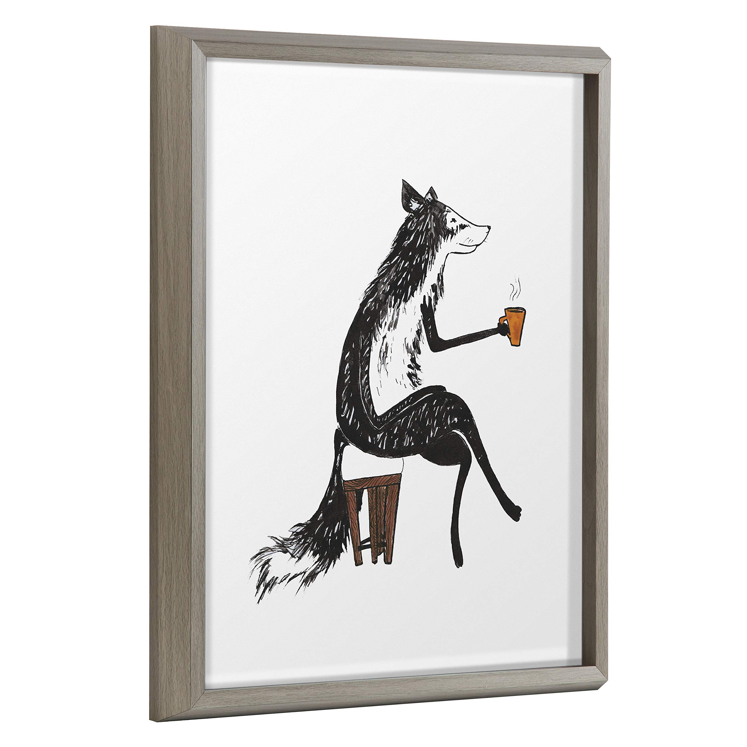 Kate and Laurel Blake Fox Orange Coffee Cup Framed Printed Glass Wall Art by Viola Kreczmer, 16x20 Gray, Modern Animal Art for Wall