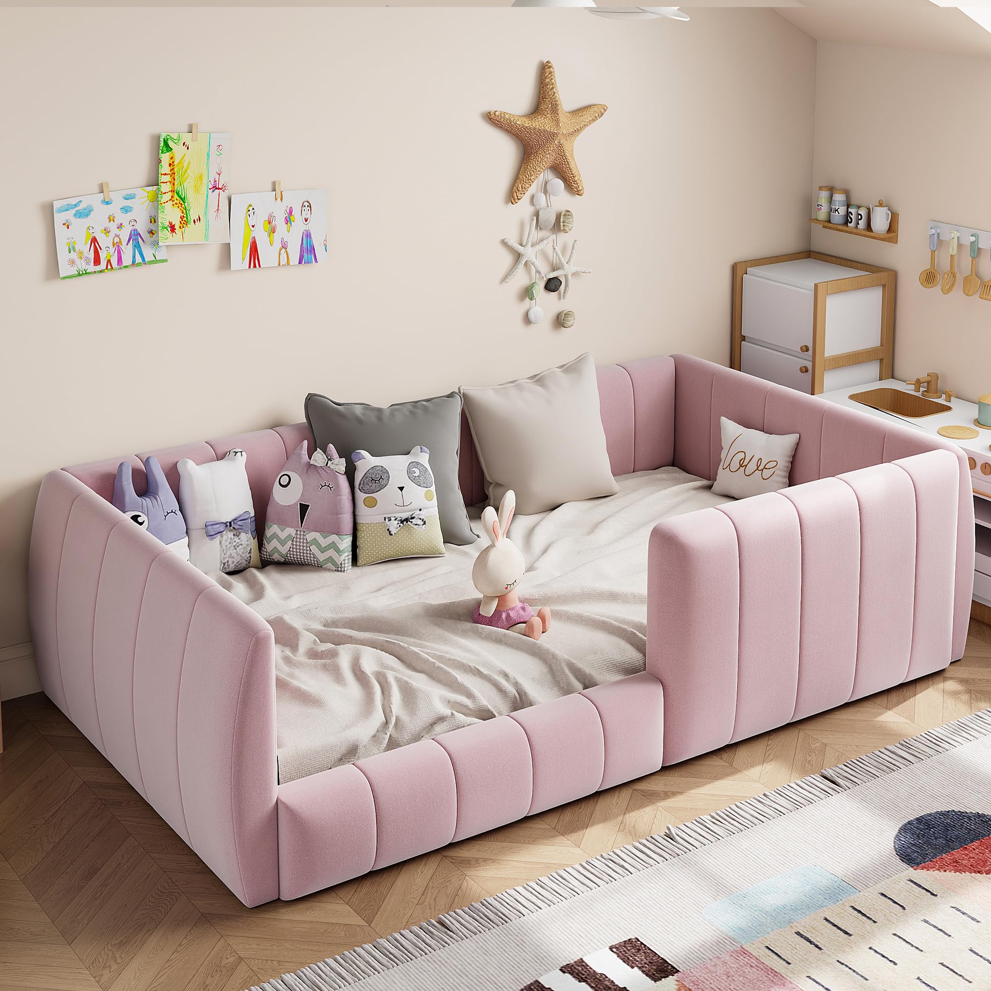 Kinderbett Bodenbett 90x200, Montessori Bett Polsterbett mit Rausfallschutz und Lattenrost, Einzelbett Gitterbett Jugendbett Spielbett Flachbett Bettgestell fürJunge und Mädchen, Ohne Matratze, Rosa