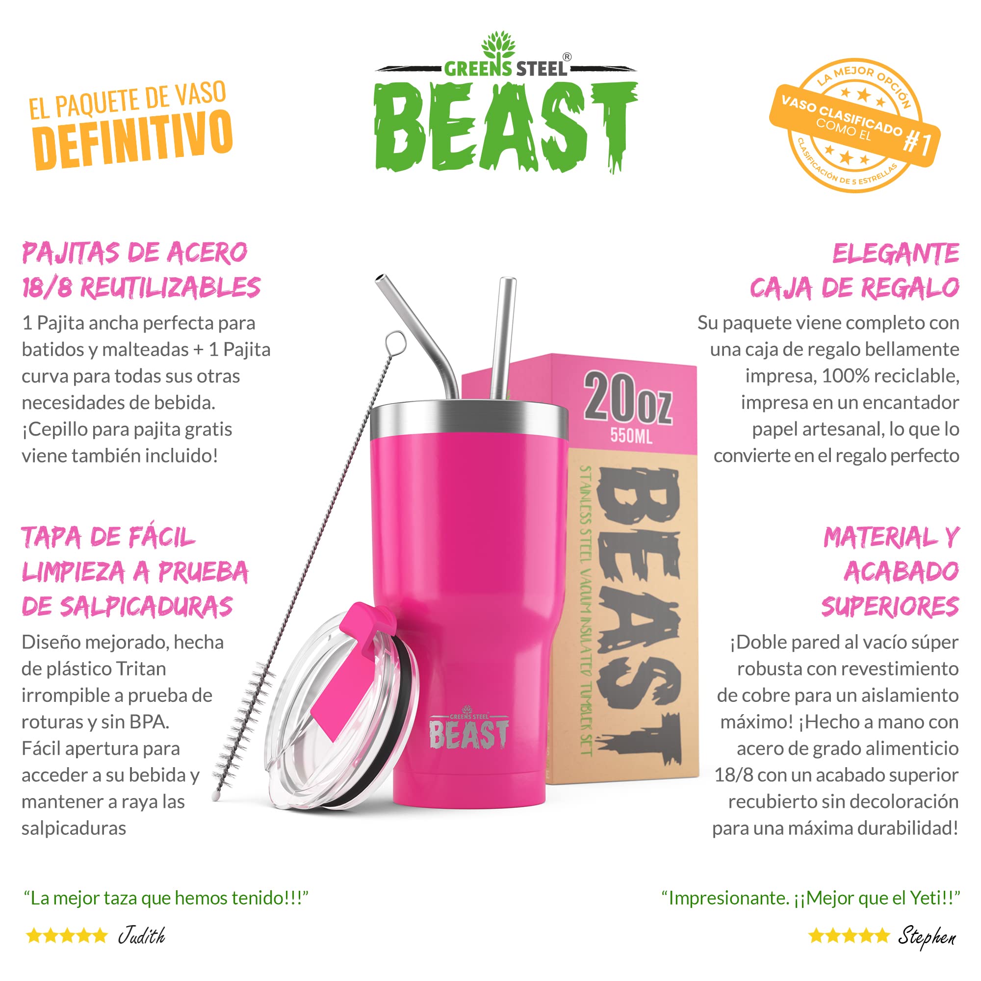 Greens Steel Beast Tumbler – 550 ml (20 oz), Rosa Ponqué | Vaso de acero inoxidable reutilizable con aislamiento al vacío | con 2 pajitas y cepillo de limpieza | Termo de viaje de doble pared - 4