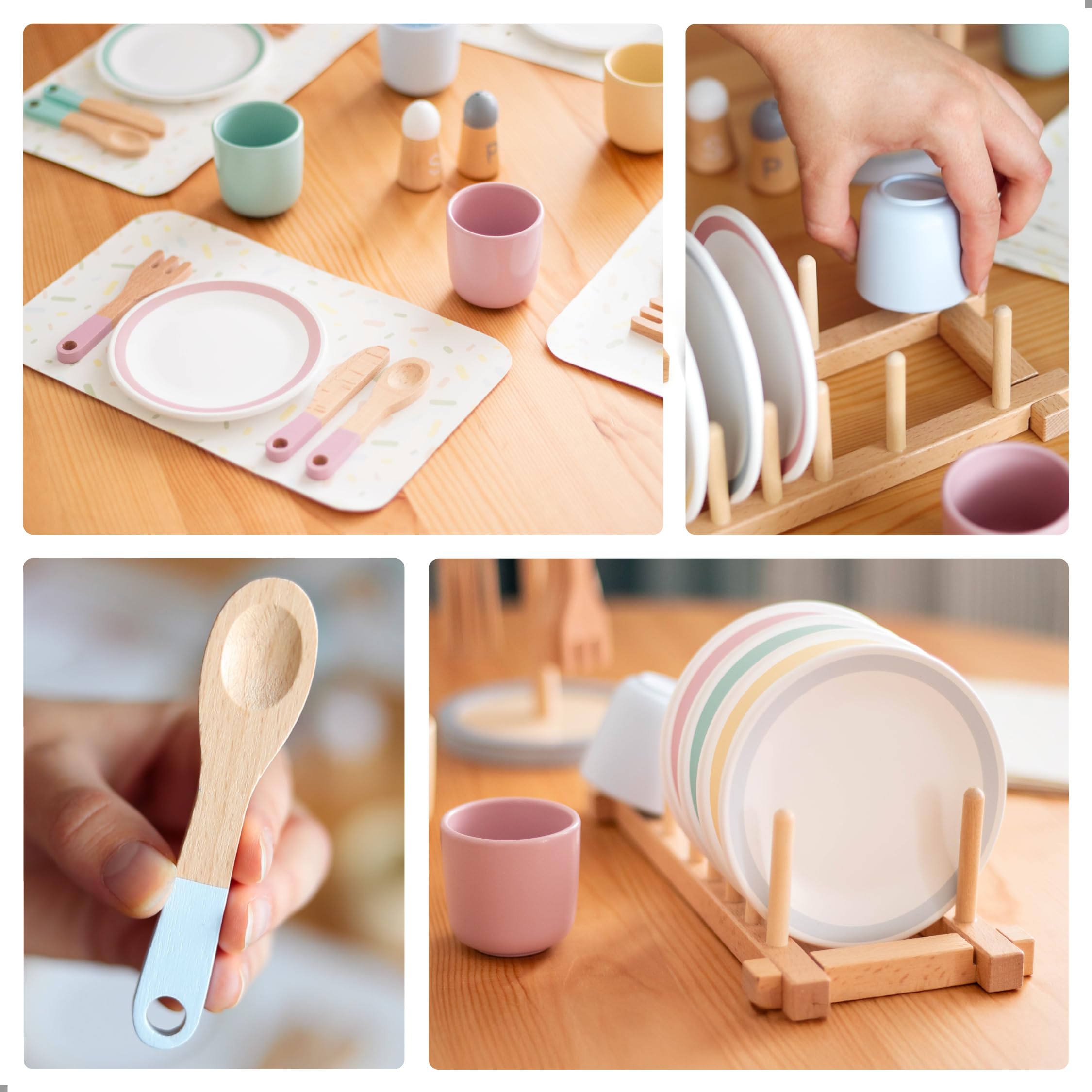 Relota 15 stuks theeservies voor kinderen, hout, gepersonaliseerd, kinderservies, speelkeuken, theeset kinderspeelgoed, theeset kinderkeuken, houten speelgoed, keukenaccessoires, keukenspeelgoed
