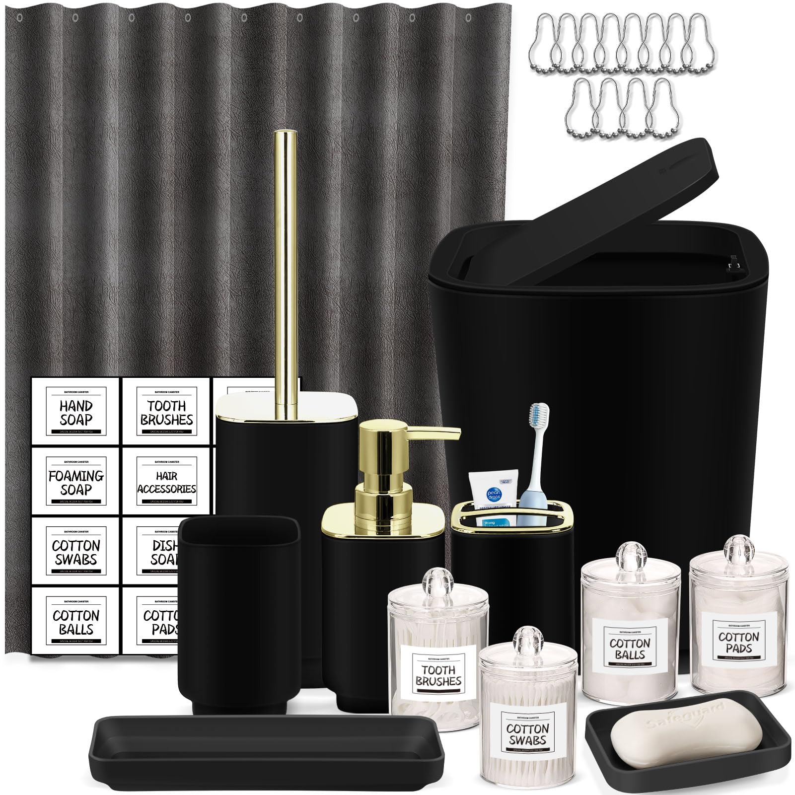 Bathroom Set,22 Piece Bathroom Accessories Set,Black Shower Curtain,Tray,Soap Dispenser,Toothbrush Holder,Cup,Soap Dish,Toilet Brush,Qtip Holders,Trash Can for Bathroom Décor and Housewarming Gifts