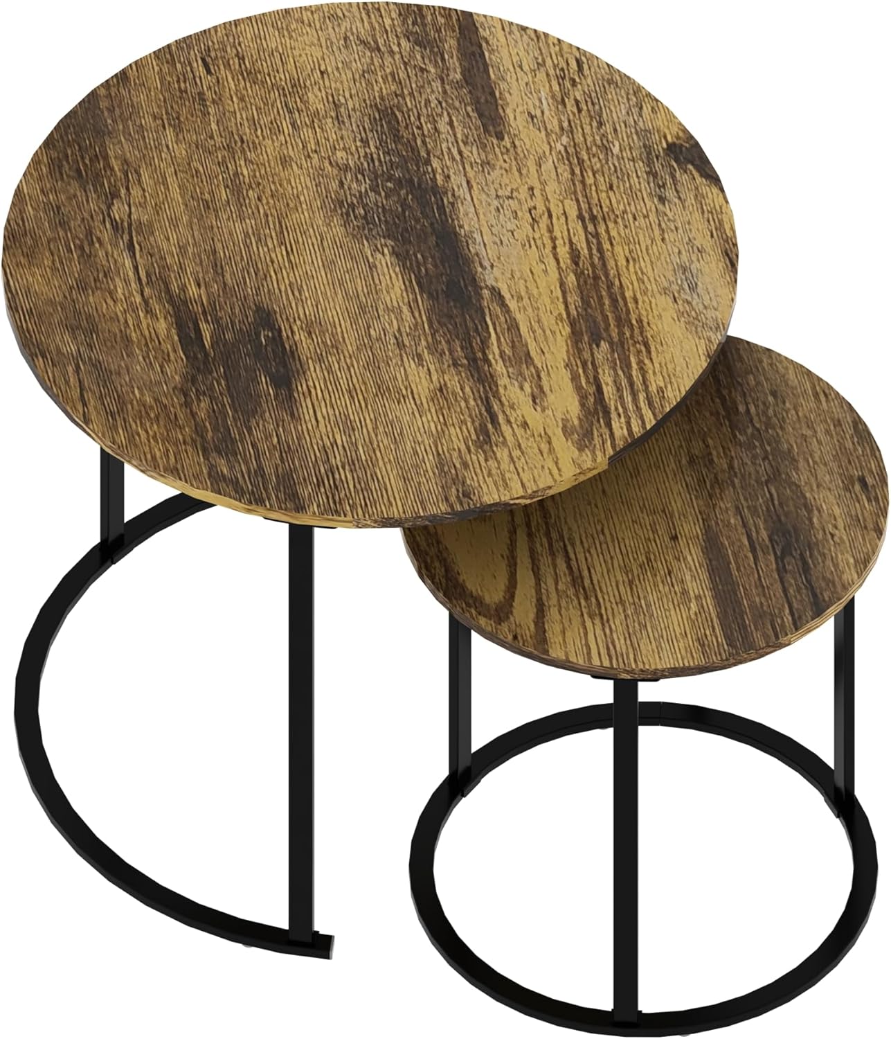 Joceret Round Coffee Table Nesting Brown Set of 2, Circular Wooden Tables, Nordic Simple for Small Spaces, Modern Coffee Table Nesting Set, Sturdy Metal Support, Easy Assembly