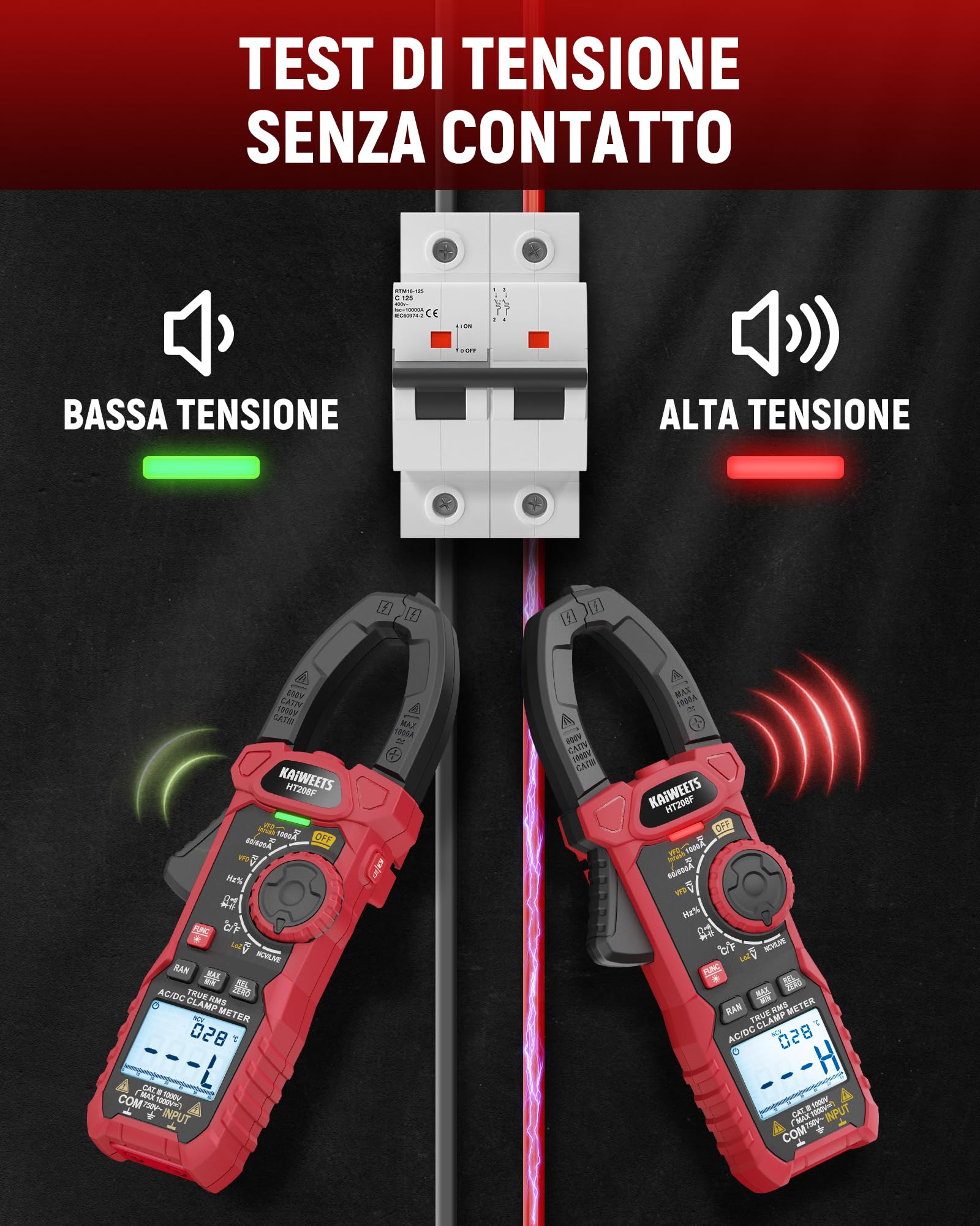Pinza Amperometrica KAIWEETS AC/DC 1000A, Amperometro Digitale Con Conteggio 6000, Modalità VFD e LOZ, Schermo Bianco e Nero Aggiornato, AC/DC, Resistenza, Capacità, Misurazione Di Sovracorrente