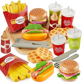 BUYGER Children's Kitchen Play Kitchen Accessories Wood, Hamburger Hot Dog Fast Food Toy, Wooden Food Toy, Role Play Wooden Toy Gift for Children 3+ Years