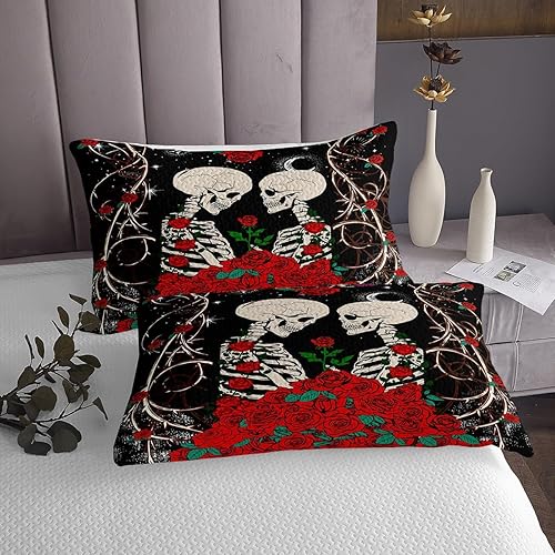 Miniatura 4 de Erosebridal Juego de colcha gótica acolchada con calavera de azúcar para parejas, romántica rosa roja para niños, mujeres y hombres, juego de
