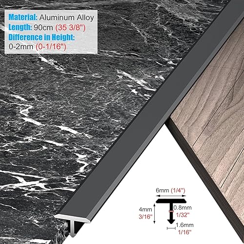 Miniatura 6 de TUJOBA Tira de borde de moldura en T de transición de piso, tira de umbral divisora plana lisa de metal de 35 pulgadas, tira de unión de piso para