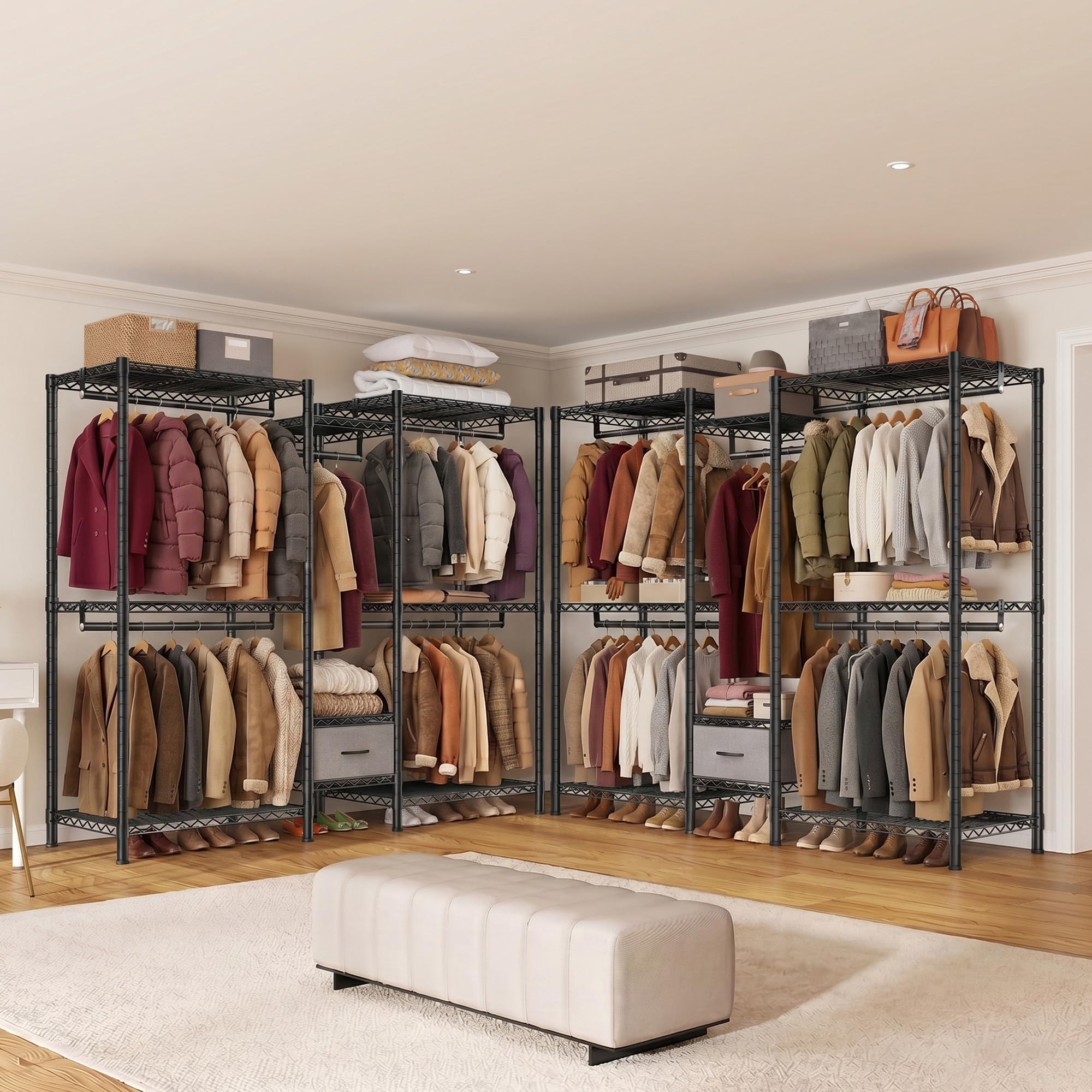 Burro ropa resistente, Armarios dormitorio metálico con 8 estantes regulables en altura, 5 barras para ropa y 1 cajón, 550 KG de carga, Perchero burro ropa, 189x45x194,5 cm, Negro