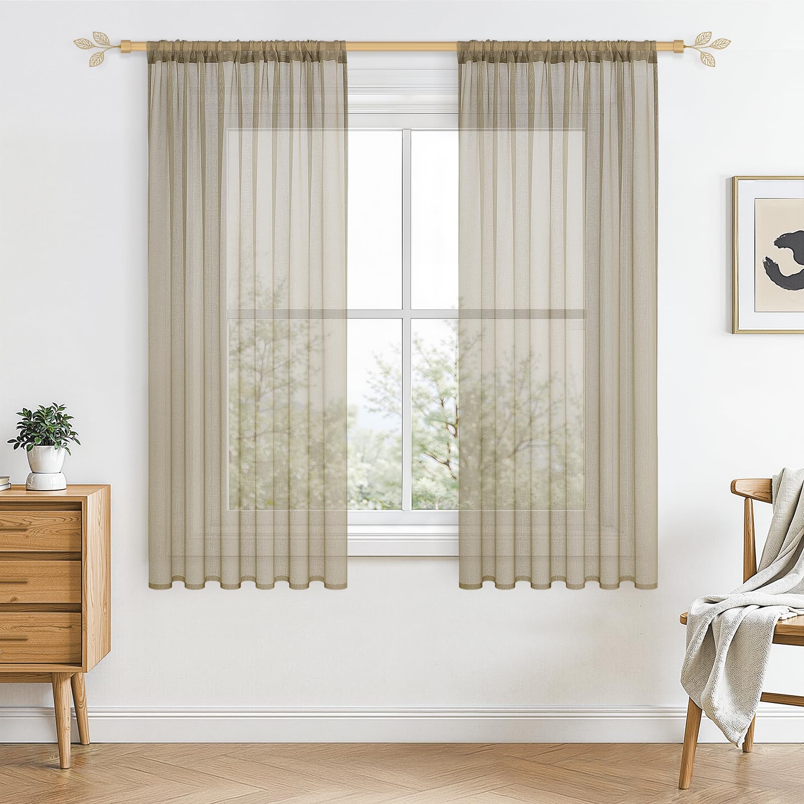 CUTEWIND Voile Gardinen Vorhang in Leinenoptik Stores Gardinen Transparent für Wohnzimmer Schlafzimmer Kinderzimmer Vorhänge mit Stangedurchzug Beige 2er Set je 140x137cm