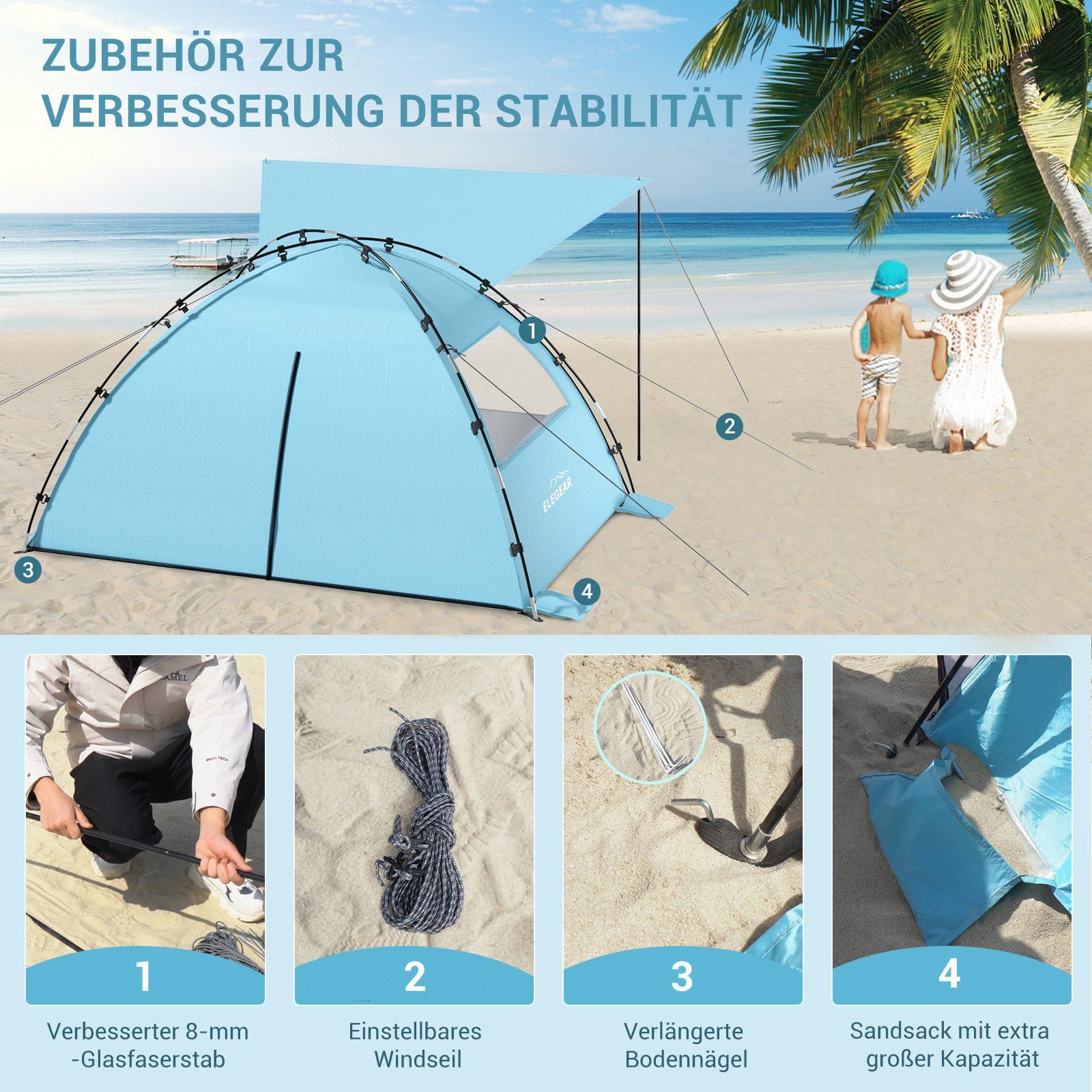 Elegear CumbreX Strandmuschel mit Sonnendach, 4-5 Personen Strandzelt UV Schutz 50+ Einfacher Aufbau, Tragbarer Leichte Strand Zelt mit Doppeltür, Windschutz Sonnenschutz für Strand, Garten, Fischen
