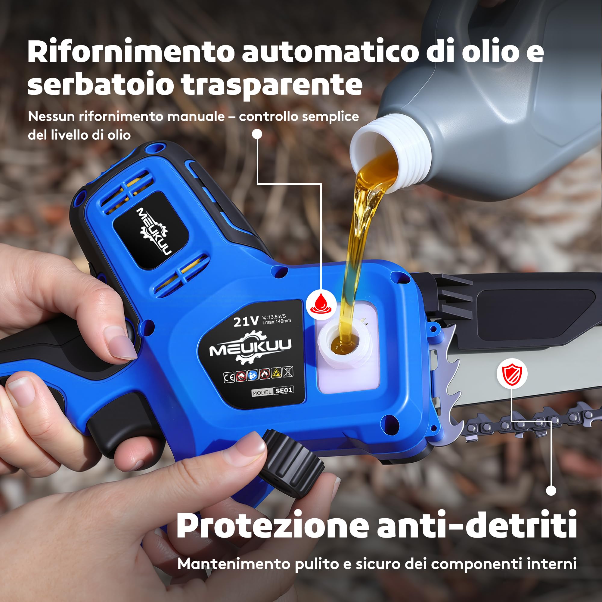 Mini motosierra a batería para poda con 4000 mAh baterías y cargador rápido, sierra con bomba de aceite y bloqueo de seguridad para el corte de madera y jardines (azul)