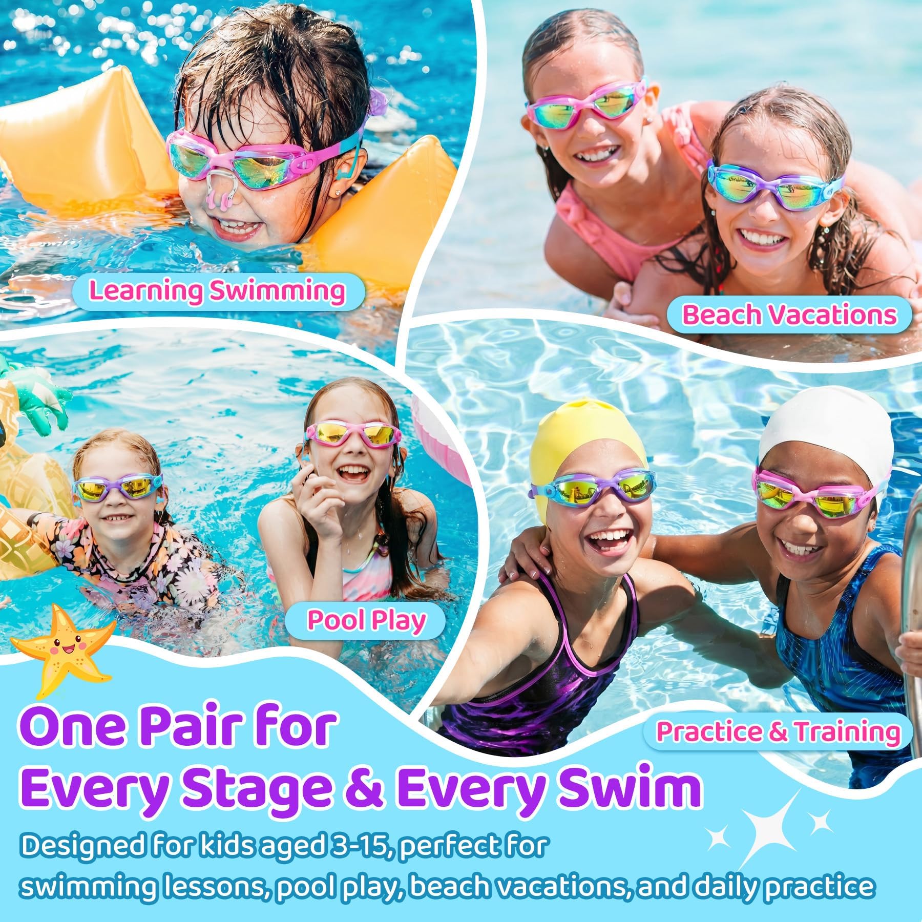 Vvinca Lot de 2 paires de lunettes de natation pour enfants avec bouchons d'oreilles et pince-nez, lunettes anti-buée/UV pour enfants, adolescents de 3 à 15 ans