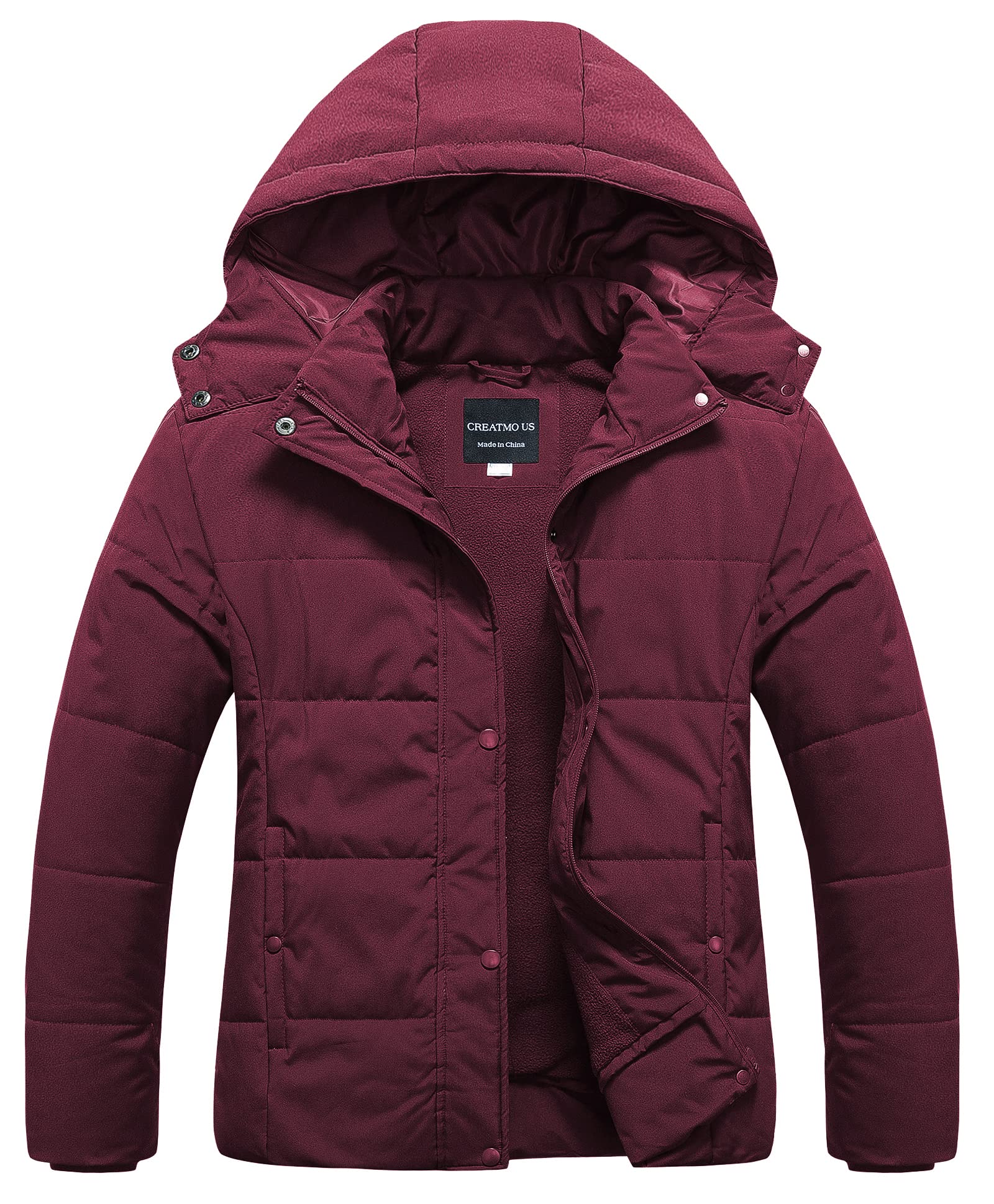 CREATMO US Womens Plus Size Warm Puffer Jacket Waterproof Fleece Lined Winter Coat with Removable Hood