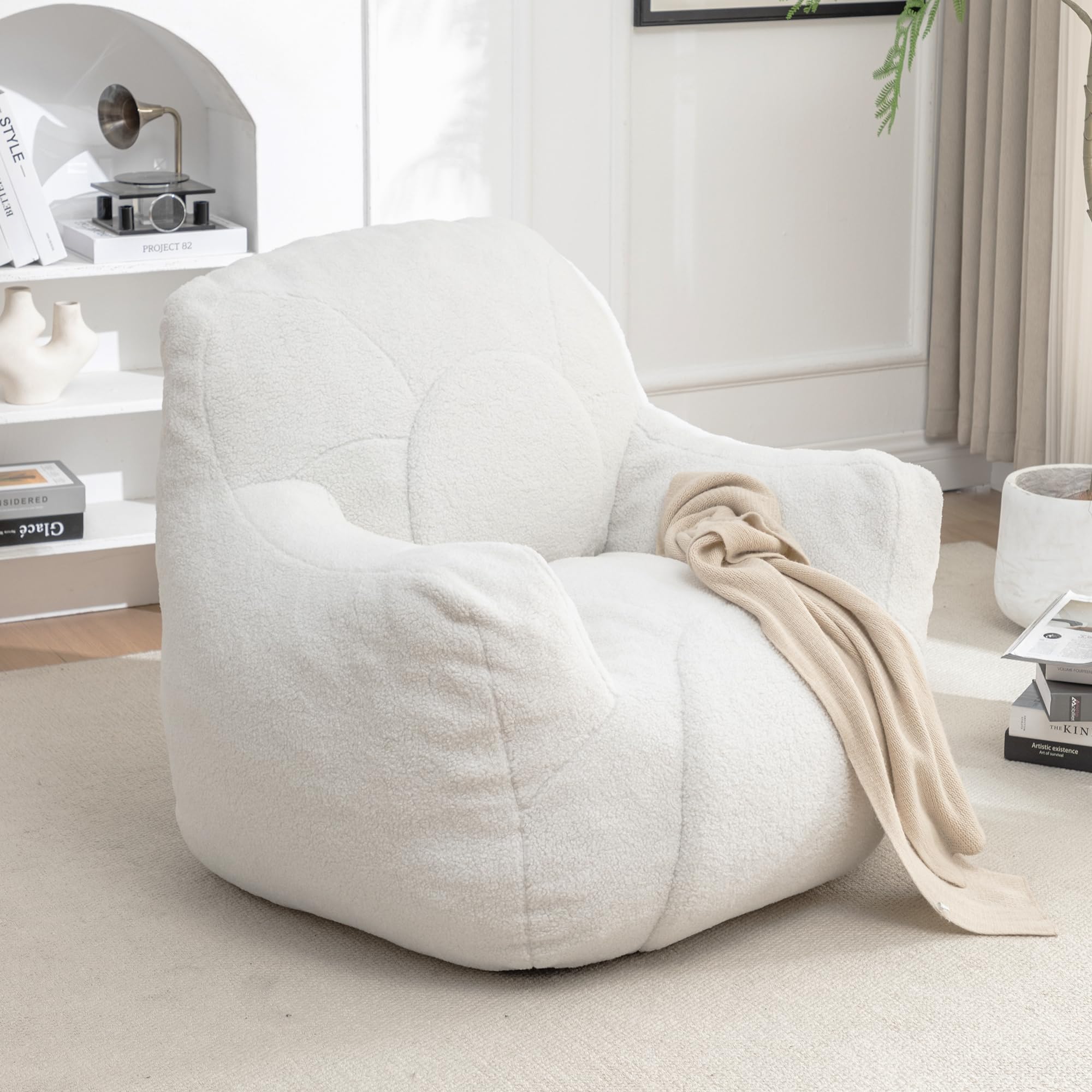 INMOZATA Bean Bag Chair with Filler, White 3.45 Feet Bean Bag Sofa with Tufted Soft Stuffed Filling for Adults, Teens, Kids, Living Room Furniture Sofa with Soft Teddy Cover, Bean Bags