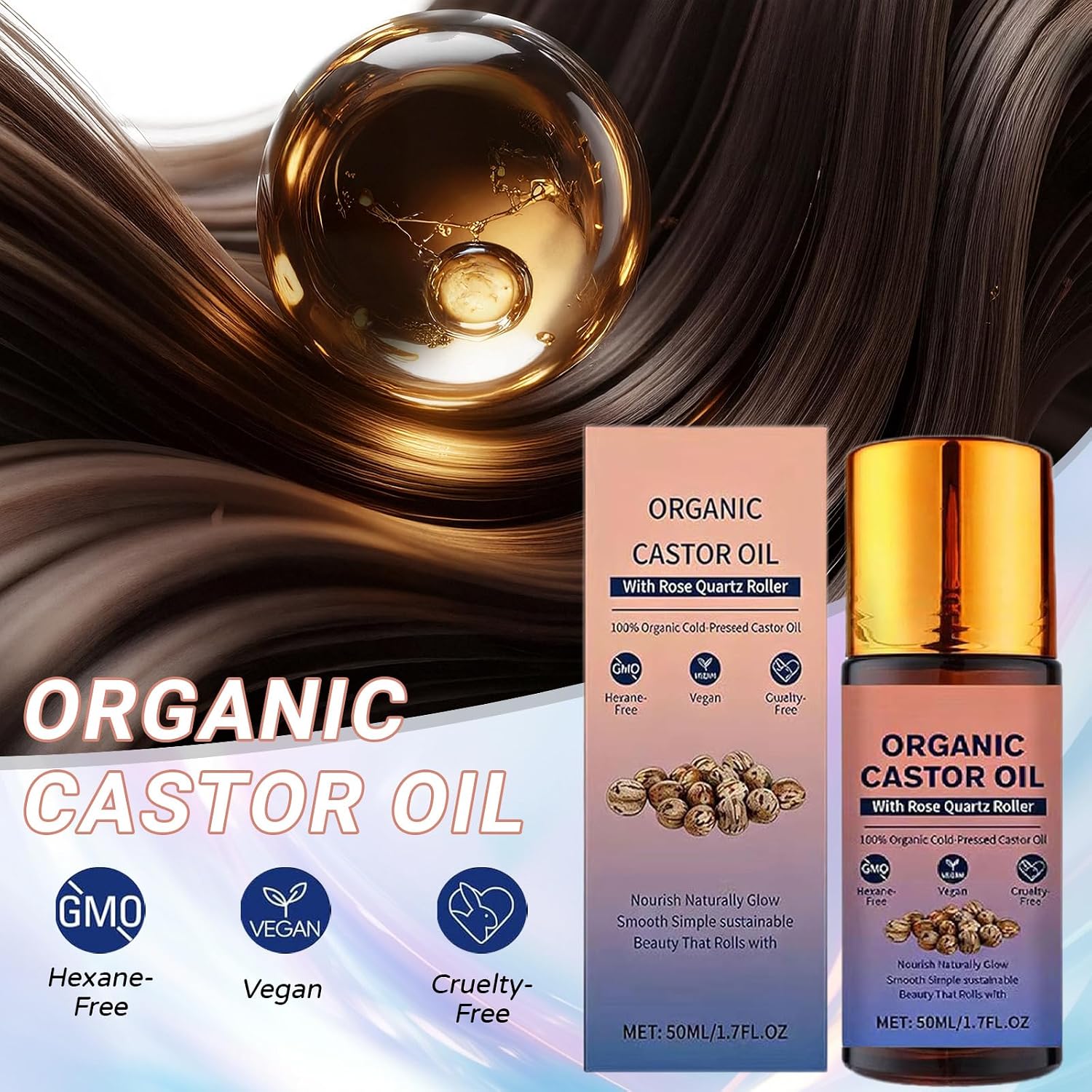 FKMEE Organic Castor Oil Roll On with Rose Quartz Roller Ball, Cold Pressed 100% Castor Oil Roller Ball, Rose Quartz Castor Roller Bottle for Face Hair & Eyebrows 1.7oz (2 bottles)