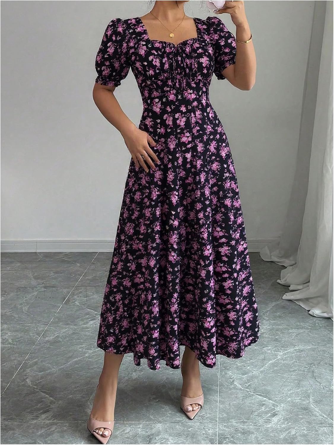 Floerns Women's Floral Short Puff Sleeve Milkmaid Dress Boho A Line Long Dresses - Image 2