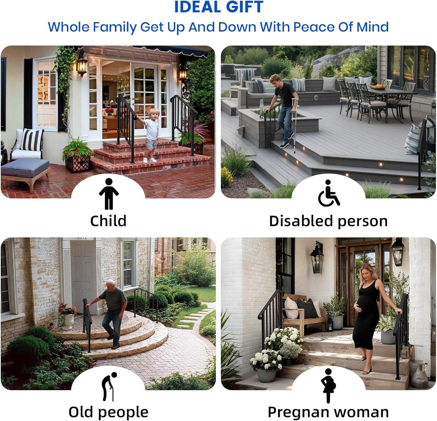 Hand Rails for Outdoor Steps-Adjustable Angle 3-4 Steps Stair Handrail-Galvanized Alloy steel-600 lb LC-Indoor Stair Railing Kit-Waterproof Exterior Porch Railing-Deck HandRail for Concrete Wood Step