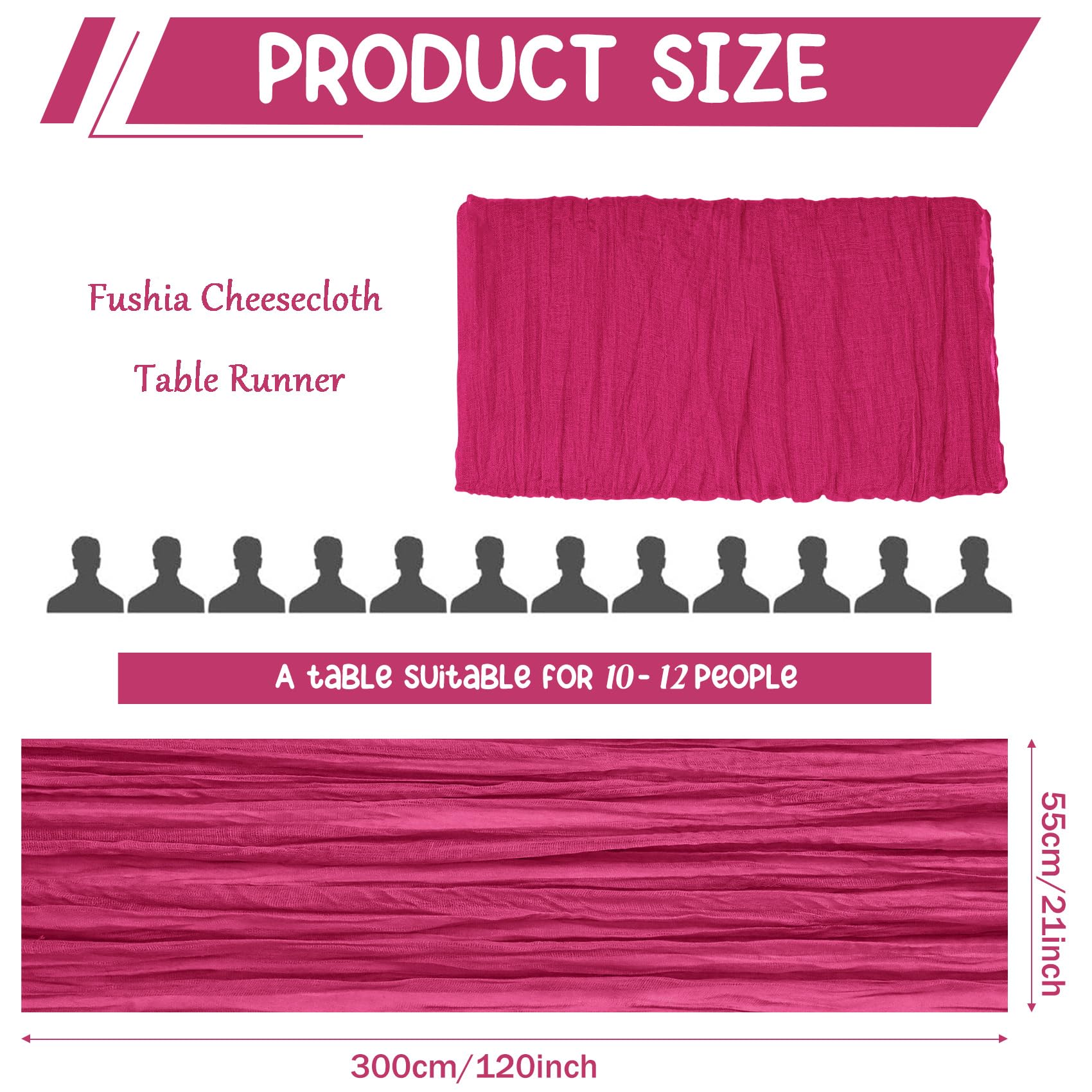HAISIWLKJ 10 Pack Cheesecloth Table Runner 10FT Boho Gauze Rustic Fabric Table Runner Vintage Sheer Tablecloth for Wedding Party Bridal Baby Shower Decorations (Fushia)