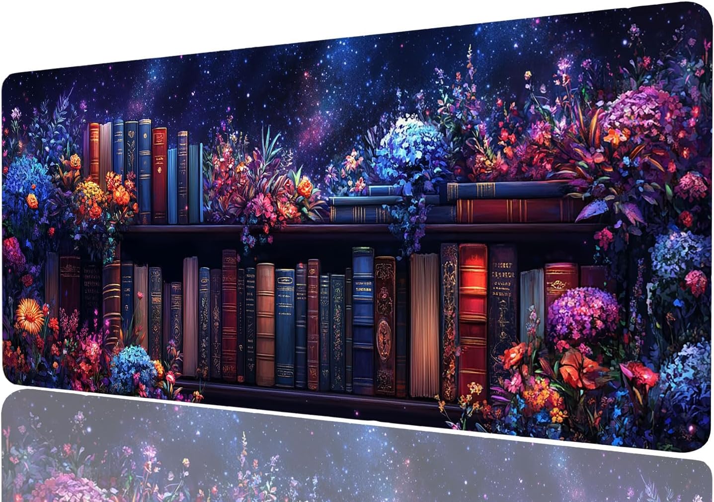 Purple Bookshelf Large Mouse Pad Floral Books Magic Fantasy Witchy Mousepad XL Large Gaming Mouse Pad Laptop Keyboard Mat Desk Pad Office Computer Keyboard Laptop Home, 31.5x11.8 Inch