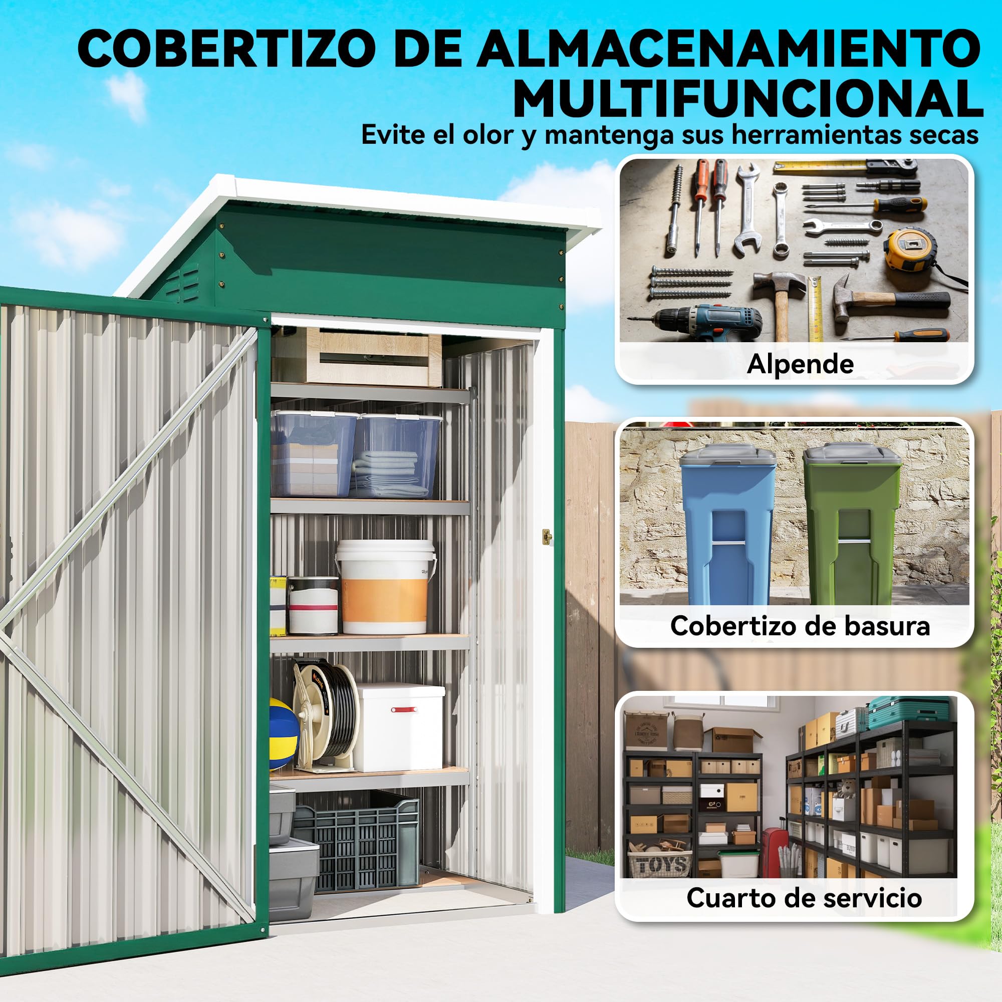 Outsunny Caseta de Jardín Exterior 0,74 m², 107,5x91x185 cm, Cobertizo de Jardín Exterior Metálico con Techo Inclinado, Puerta con Cerradura y Ventilaciones para Almacenamiento de Herramientas, Verde - 4