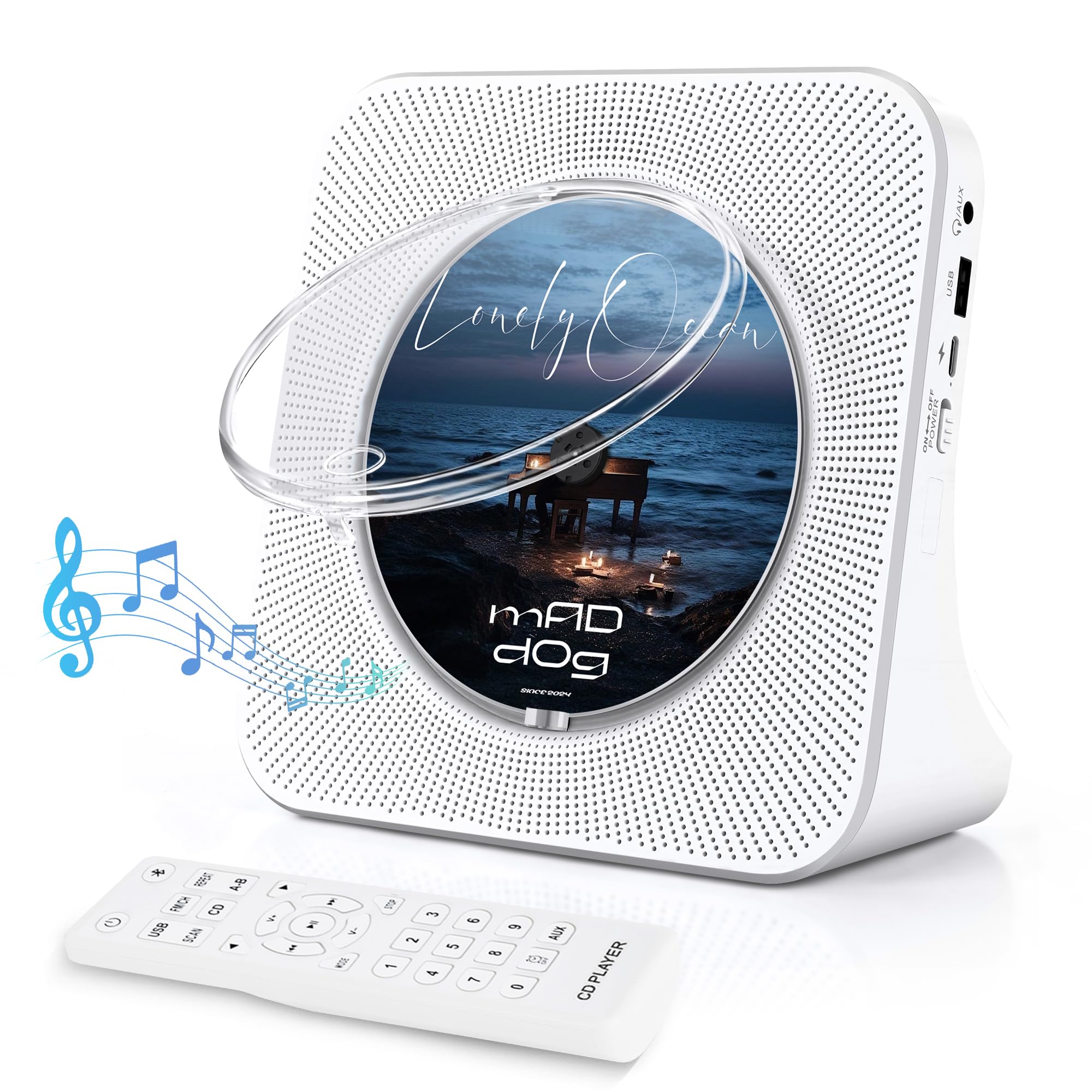 Lecteur CD Bluetooth Portable avec Radio FM, Haut-Parleurs Double, USB/AUX, Télécommande