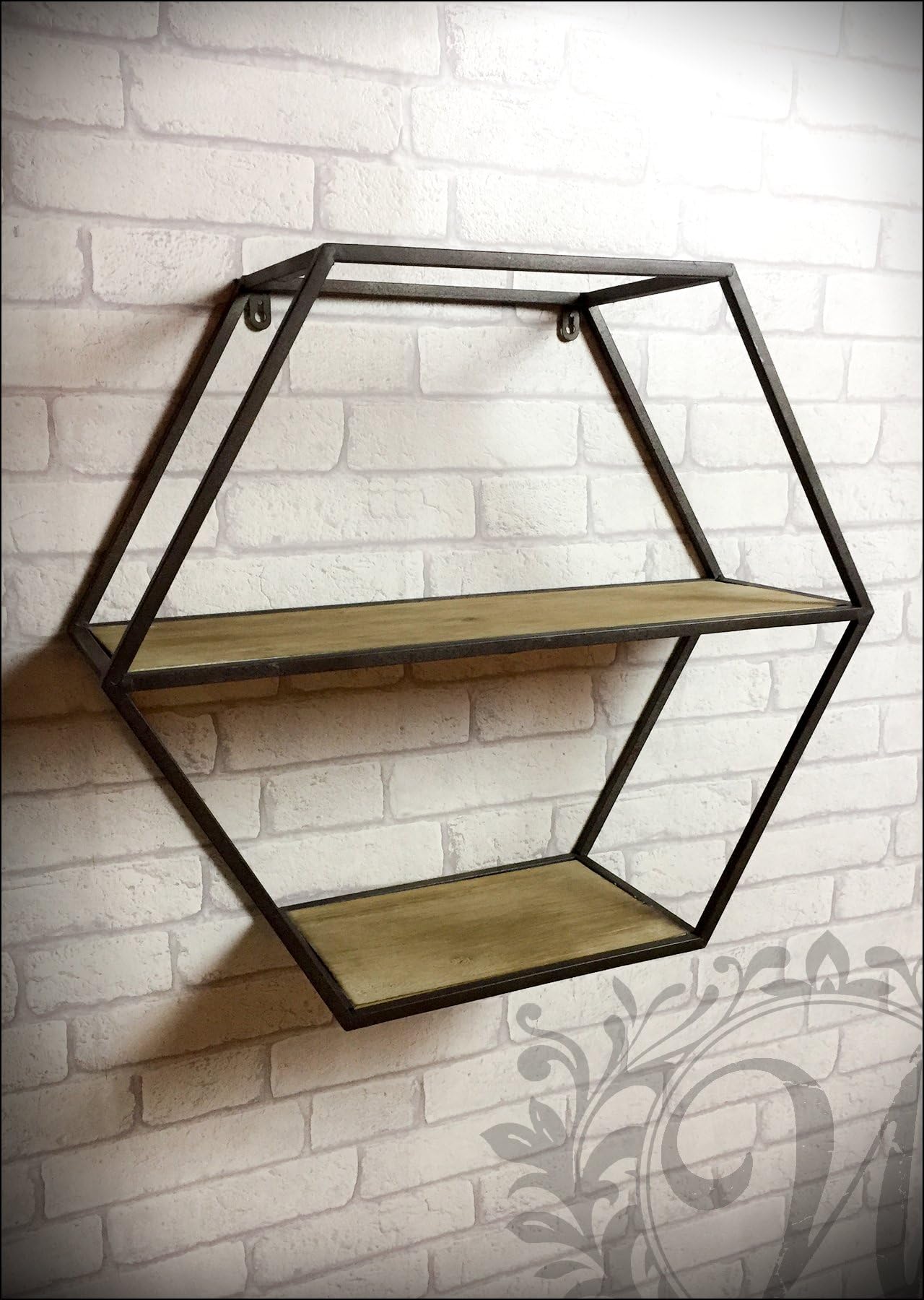 Two Shelf Industrial Style Hexagonal Wall Storage Shelves Wooden Iron Display