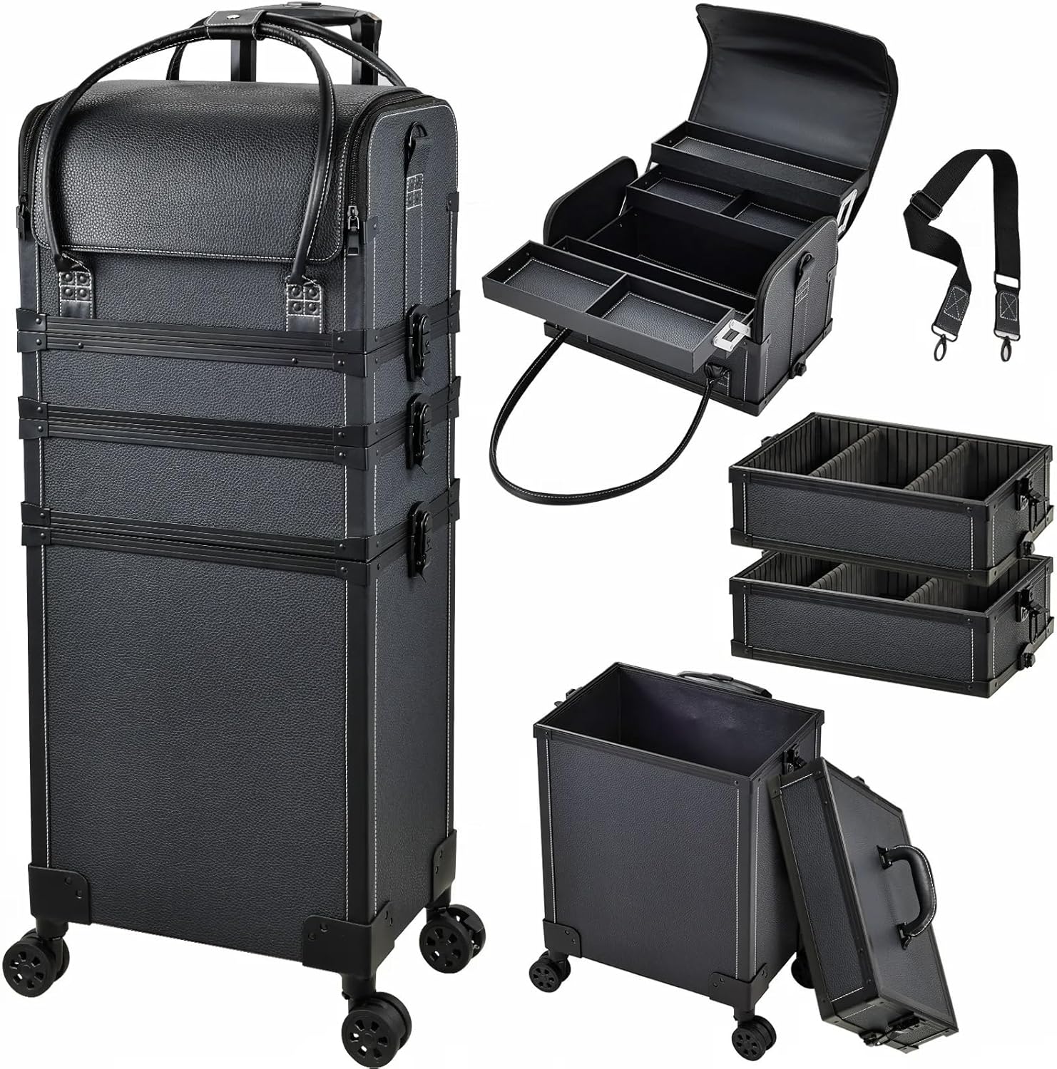 Costravio 5 in 1 Rolling Makeup Case Transformable Train Case, Black Vegan Leather Cosmetology Case on Wheels, Travel Cosmetic Storage Cases for for Hairstylist Artist Nail Beauty Salon Barber