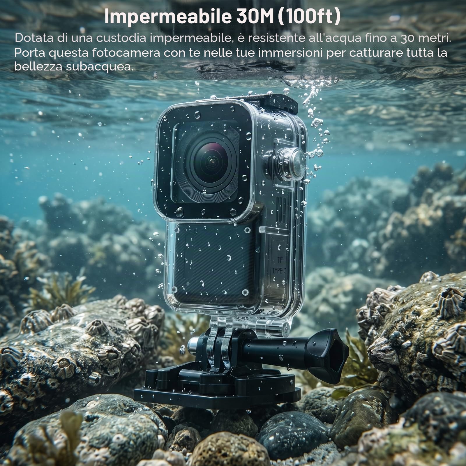 ydi Action Cam Impermeabile 5K/30fps, Videocamera Portatile per Vlog, Fotocamera Subacquea da Pollice con EIS, Wi-Fi, Touchscreen, Kit di Accessori, Scheda da 64GB