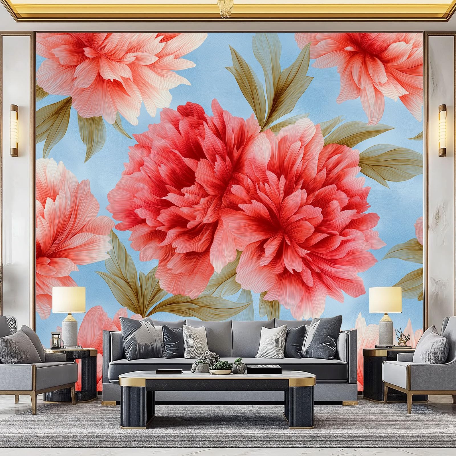 Generico Jasnoniebieska panoramiczna tapeta, elegancka kwiatowa różowa piwonia niestandardowe fototapety 350 x 256 cm (szer. x wys.) - dekoracje do salonu i sypialni
