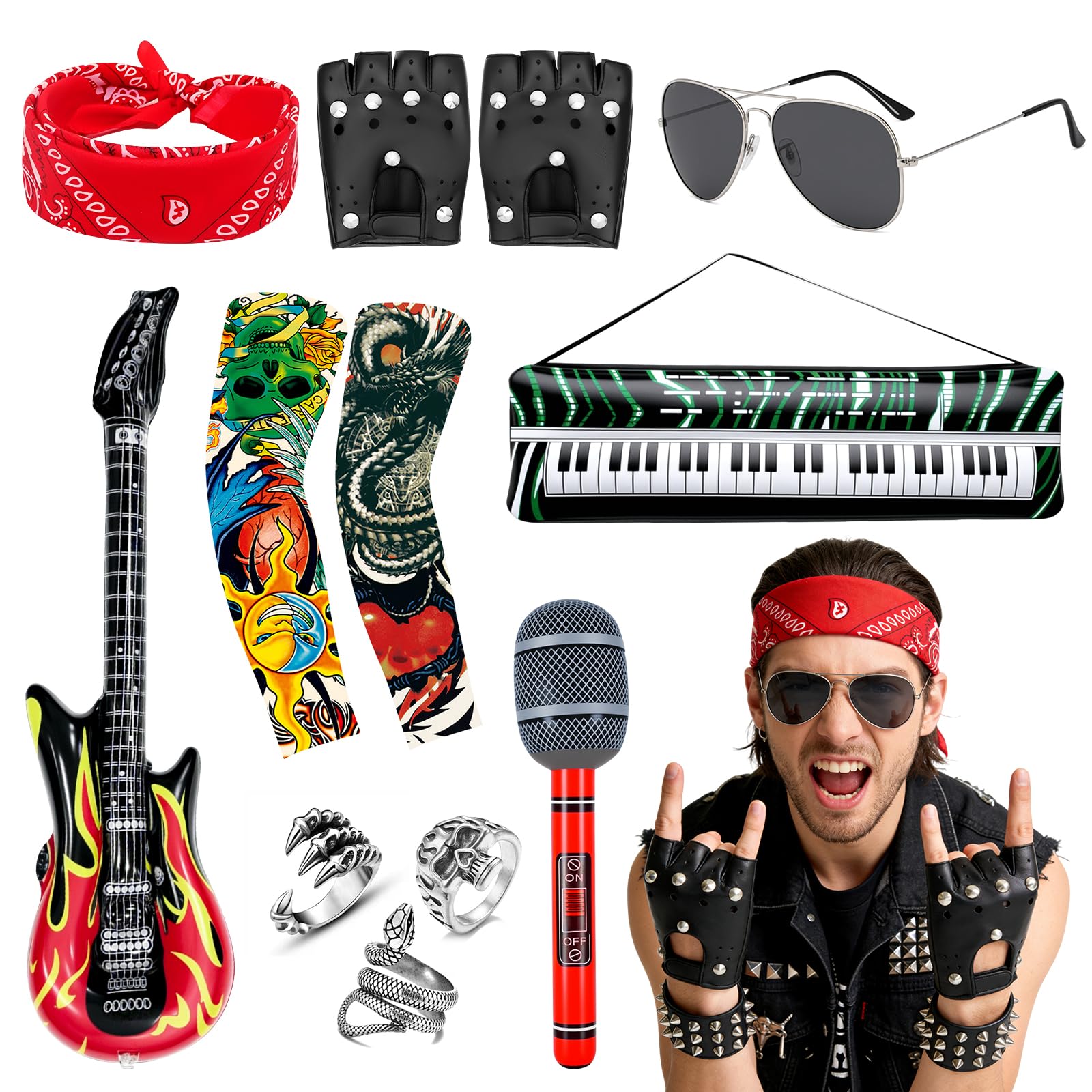 Athora 10Pcs Rockstar Fancy Dress Set including Inflatable Guitar, Piano, Microphone, Tattoo Sleeves, Sunglasses