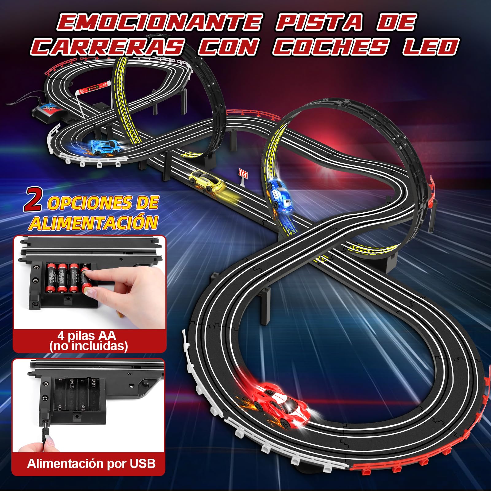 YOOHBERRYS Pista Carreras Electrica, 1:64 Pista Coches Niños Pista Autos -4 LED Coches, USB, Control Remoto, Contador Vueltas, Bucle 360°, Extralargo Circuito Coche 3+ Años Juguete Regalos (737CM)