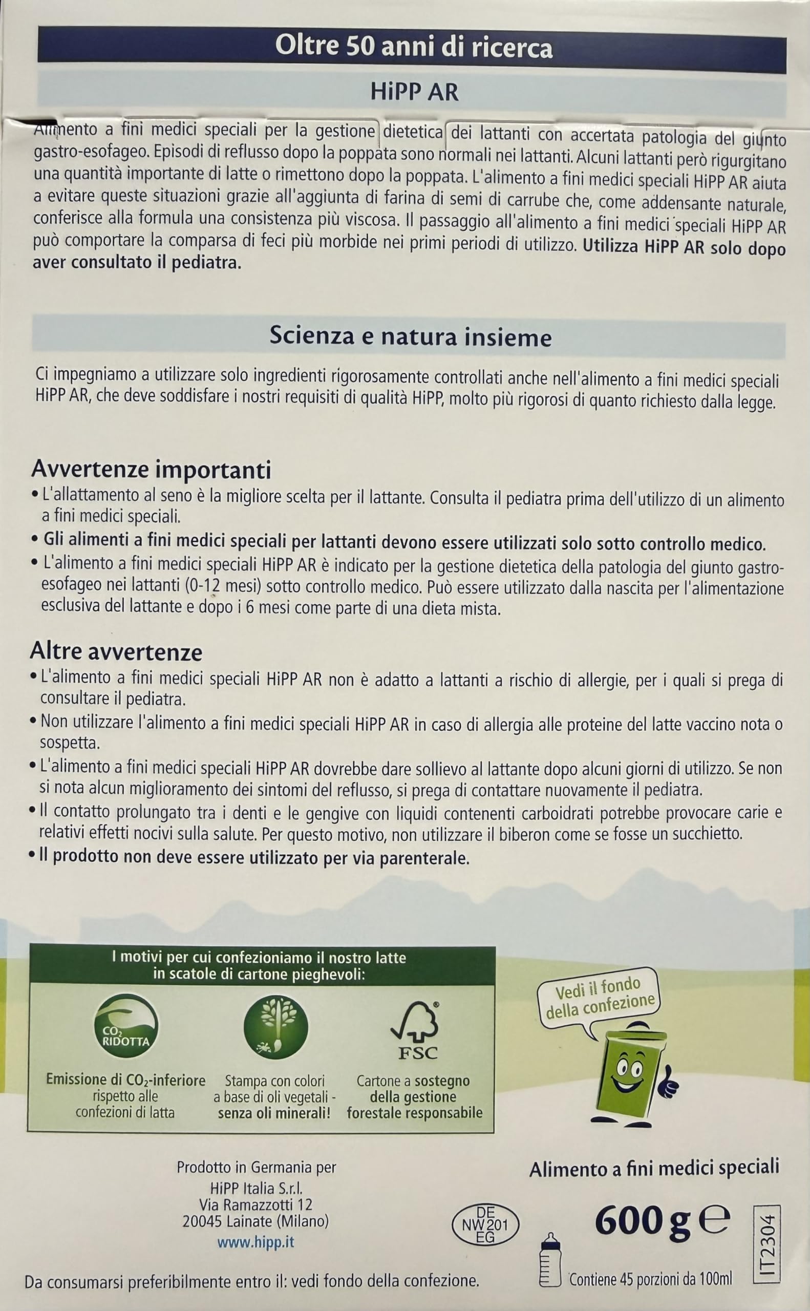 Hipp AR Latte Anti-reflusso Alimento a fini medici Speciali 600g