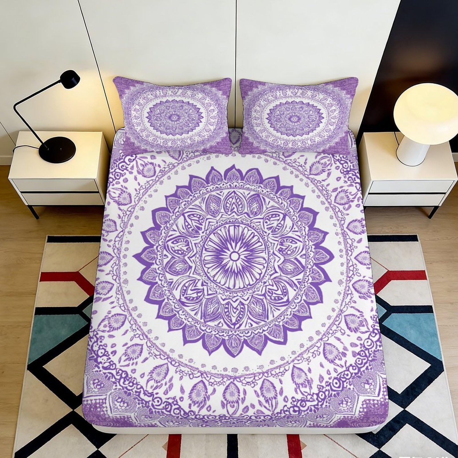 3D Printed Mandala Fitted Sheet Microfiber Purple Paisley Bed Cover for Bedroom Guest Room Dorm Mattress Decor 90x200x25cm
